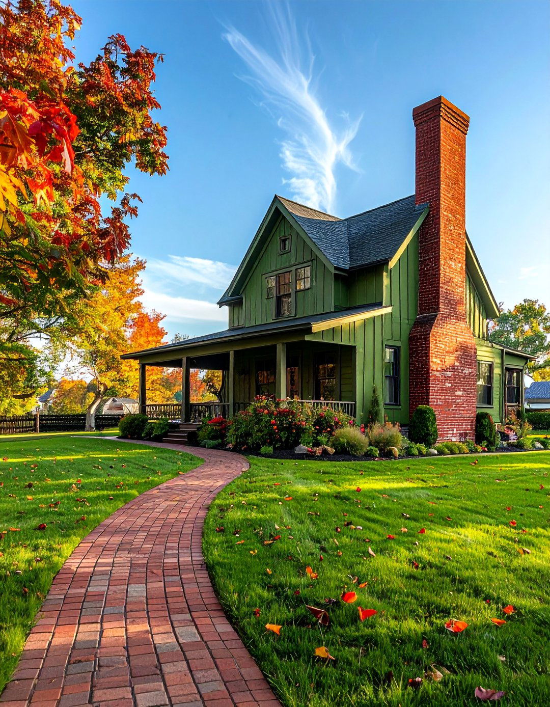 Farmhouse Green with Red Brick Accents - 25 Farmhouse Green Exterior Home Ideas for Curb Appeal
