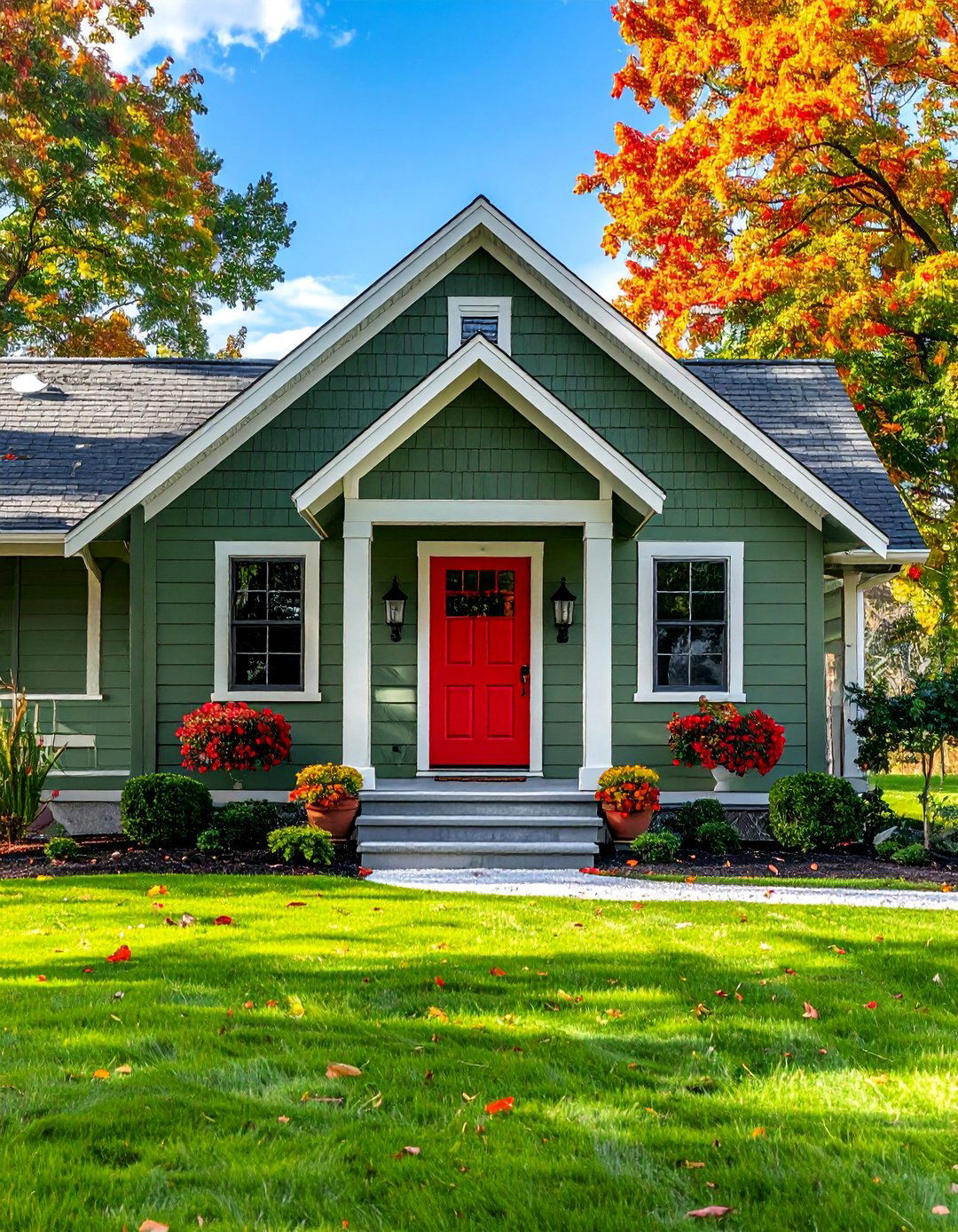 Farmhouse Green with a Bold Red Door - 25 Farmhouse Green Exterior Home Ideas for Curb Appeal