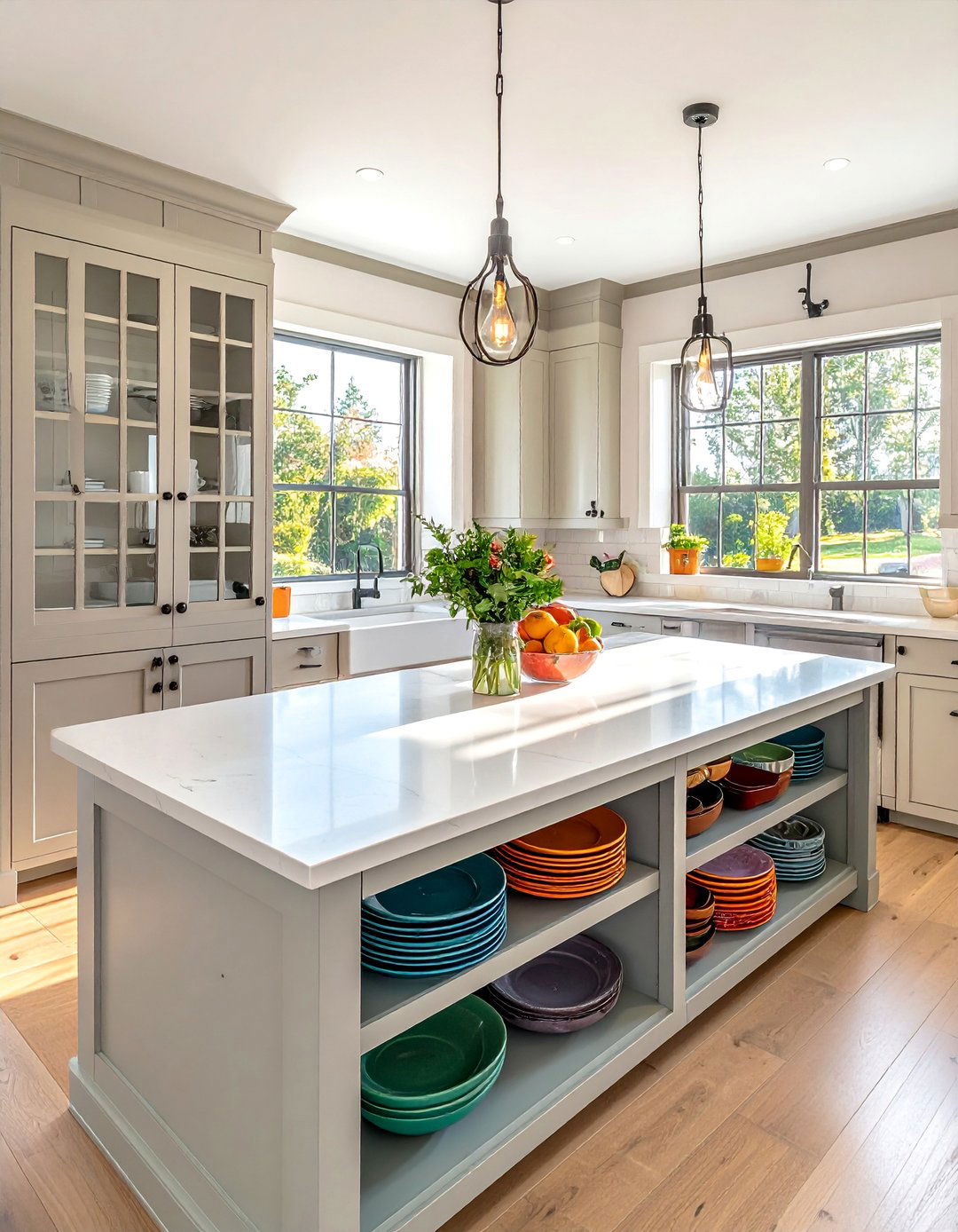 Farmhouse Kitchen Island with Glass Front Cabinets - 25 Farmhouse Kitchen Island Ideas for a Functional Space