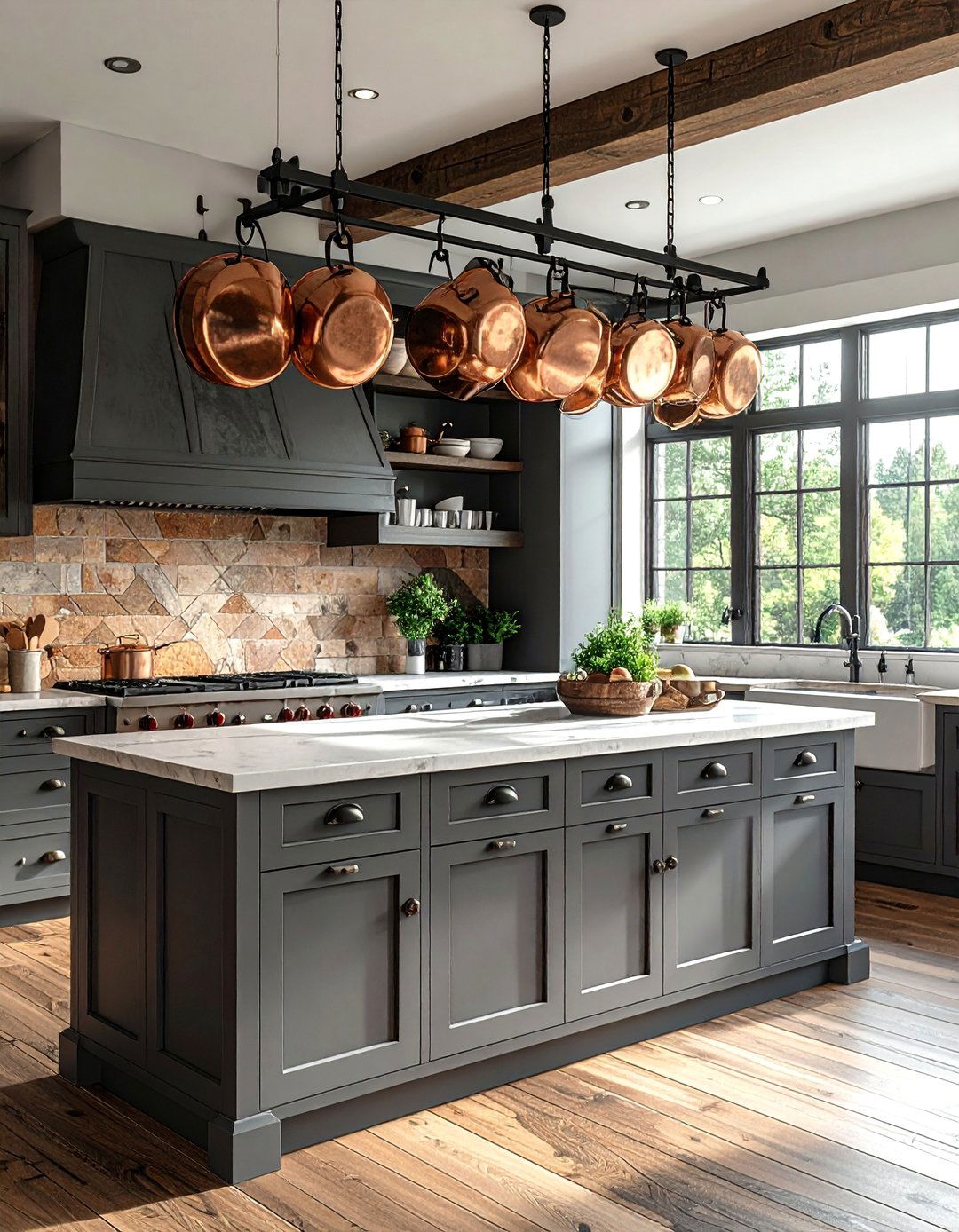Farmhouse Kitchen Island with a Pot Rack Above - 25 Farmhouse Kitchen Island Ideas for a Functional Space