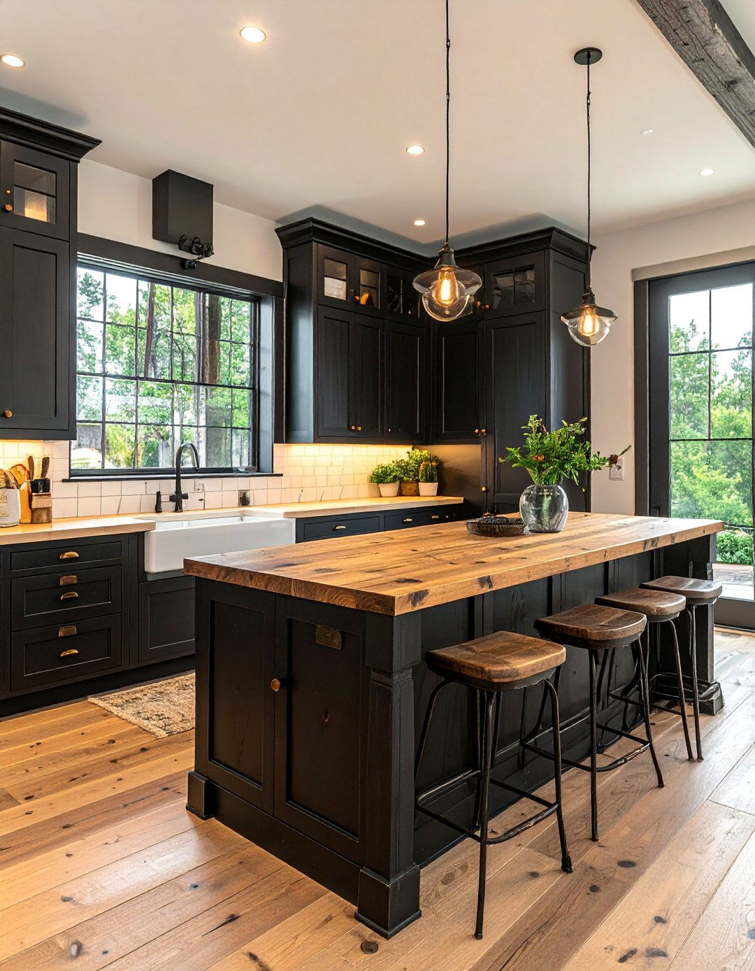 Farmhouse Kitchen with Black Distressed Cabinets - 25 Stunning Kitchen Ideas with Black Cabinets & Wood Countertops
