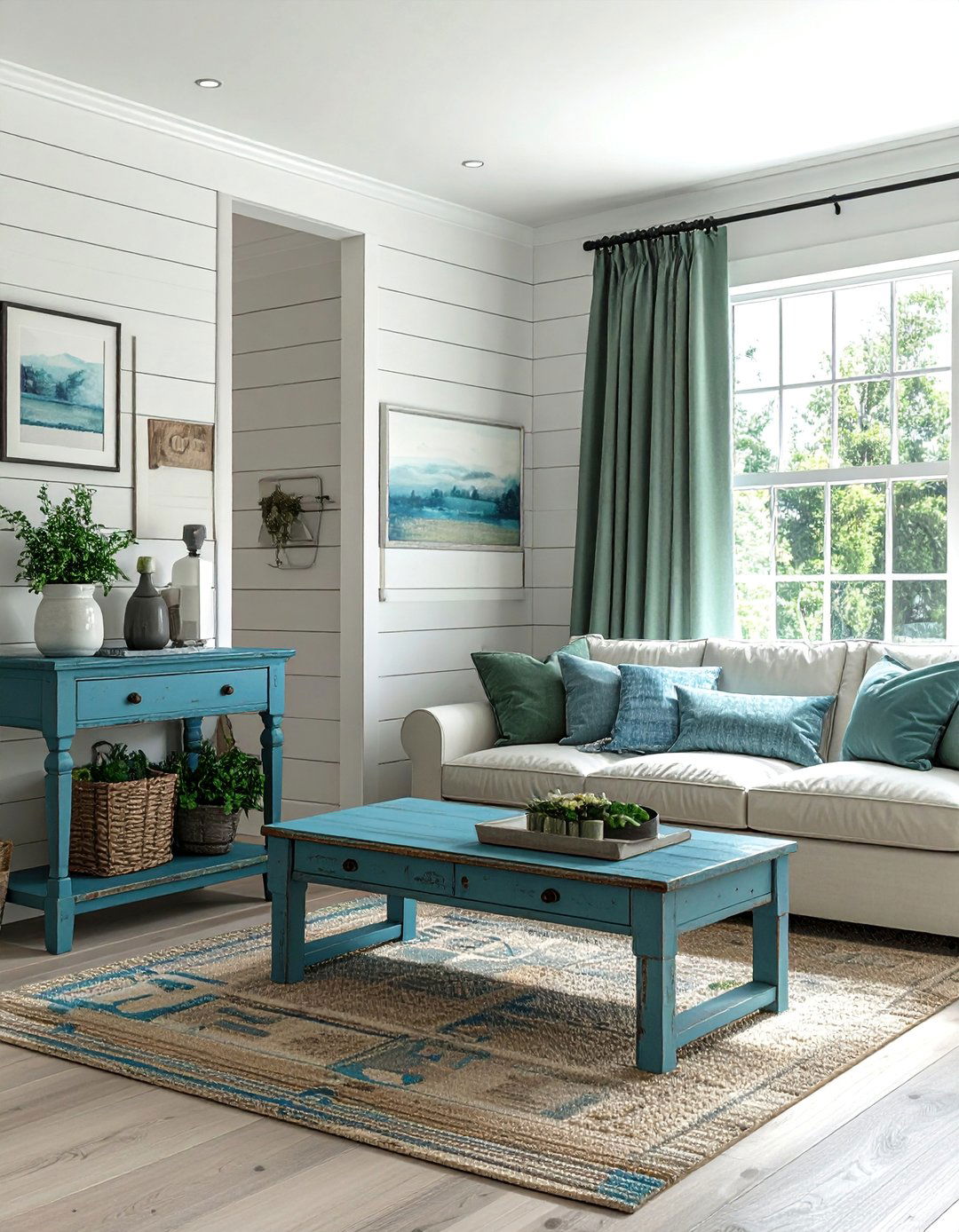 Farmhouse Living Room with Duck Egg Blue and Sage Green - 20 Blue and Green Living Room Ideas for a Fresh Look