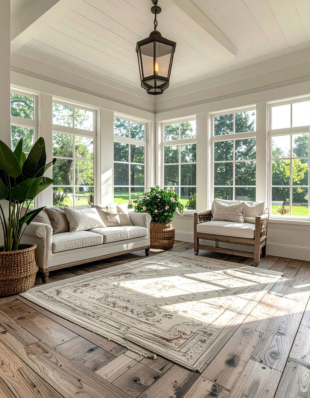 Farmhouse Sunroom with Rustic Flooring - 25 Farmhouse Sunroom Ideas for a Cozy Retreat