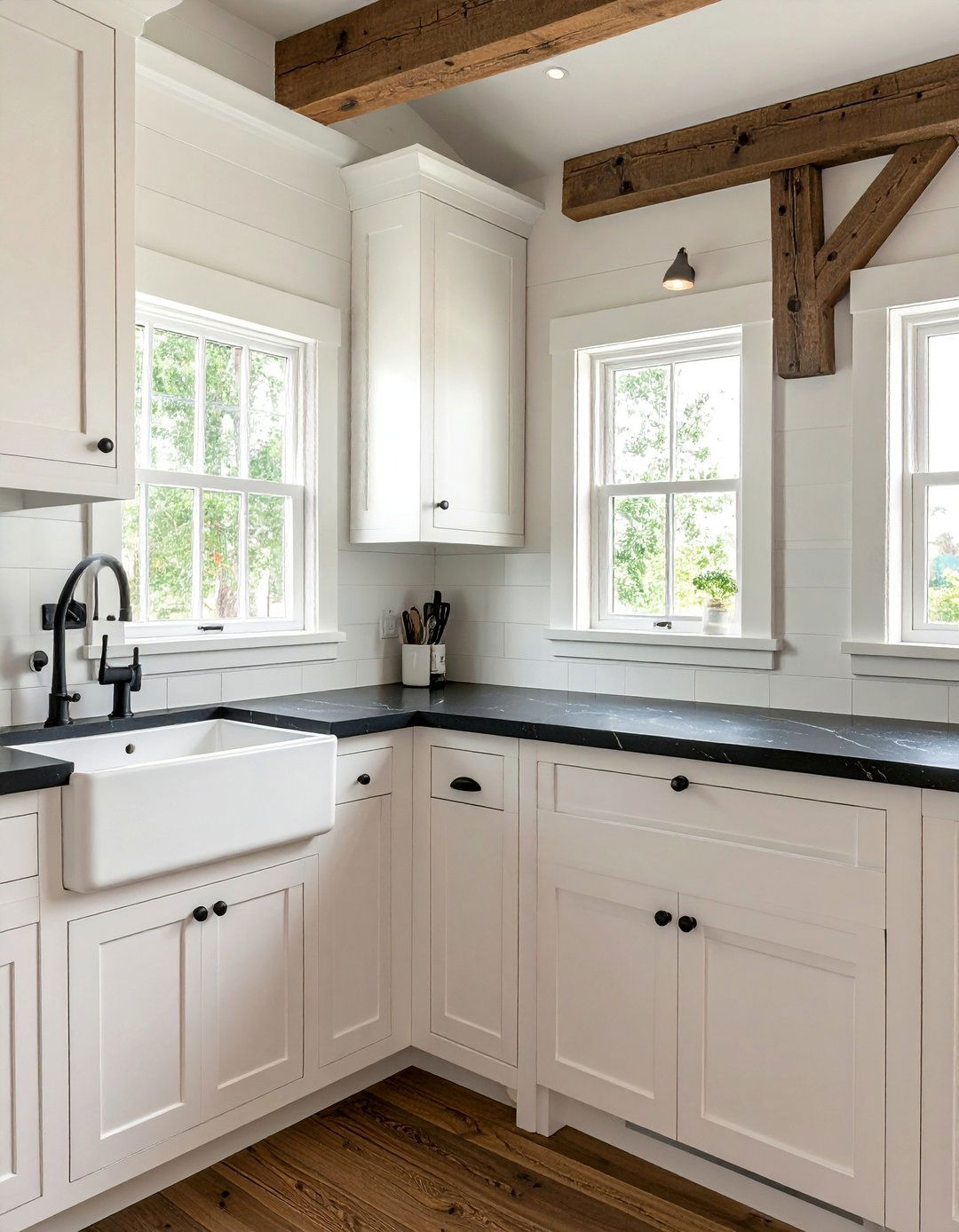Farmhouse White Kitchen with Black Soapstone Countertops - 40 White Kitchen Ideas with Black Countertops