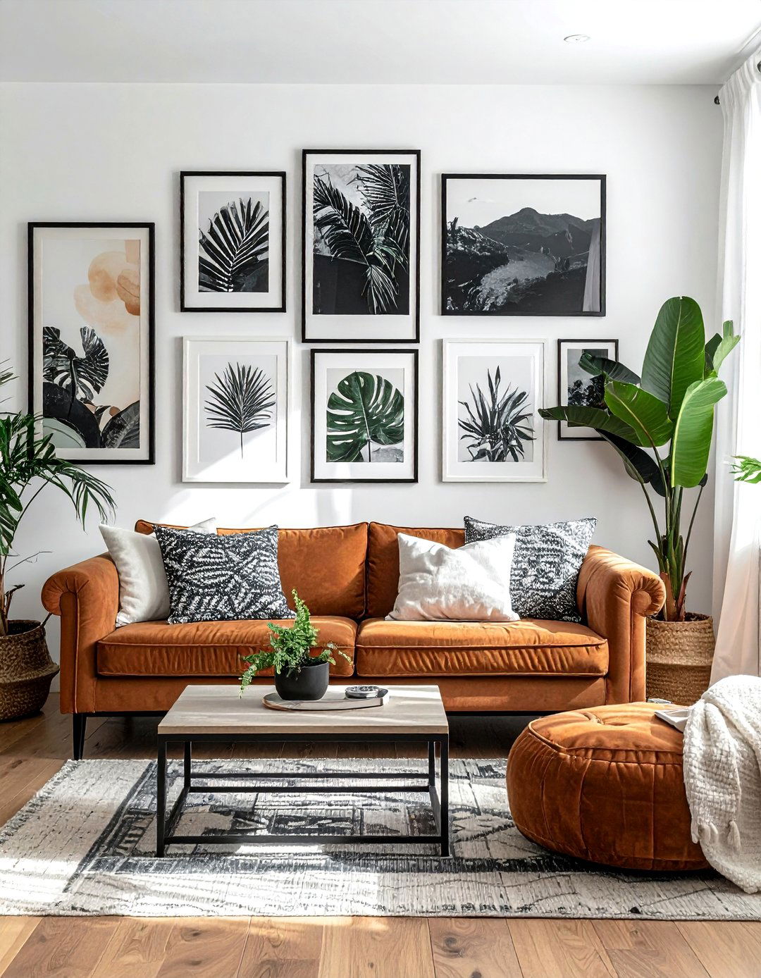 Featuring a Gallery Wall with Monochrome Art - 20 Black and White Boho Living Room Ideas for a Cozy Vibe