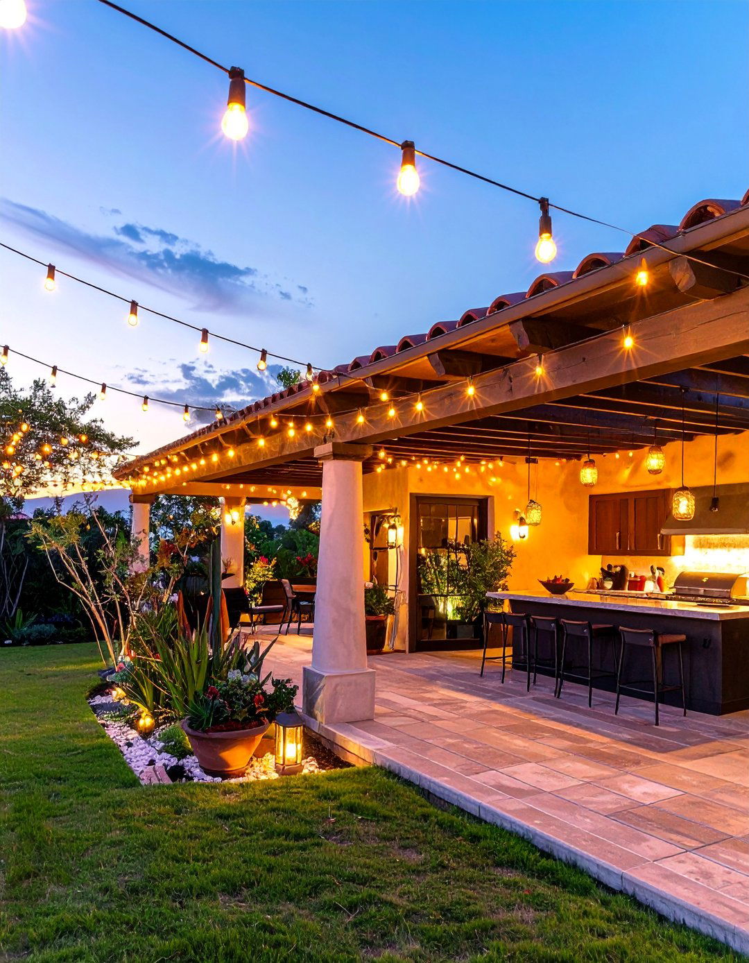 Festive String Lighting and Lanterns - 20 Mexican Outdoor Kitchen Ideas for Entertaining