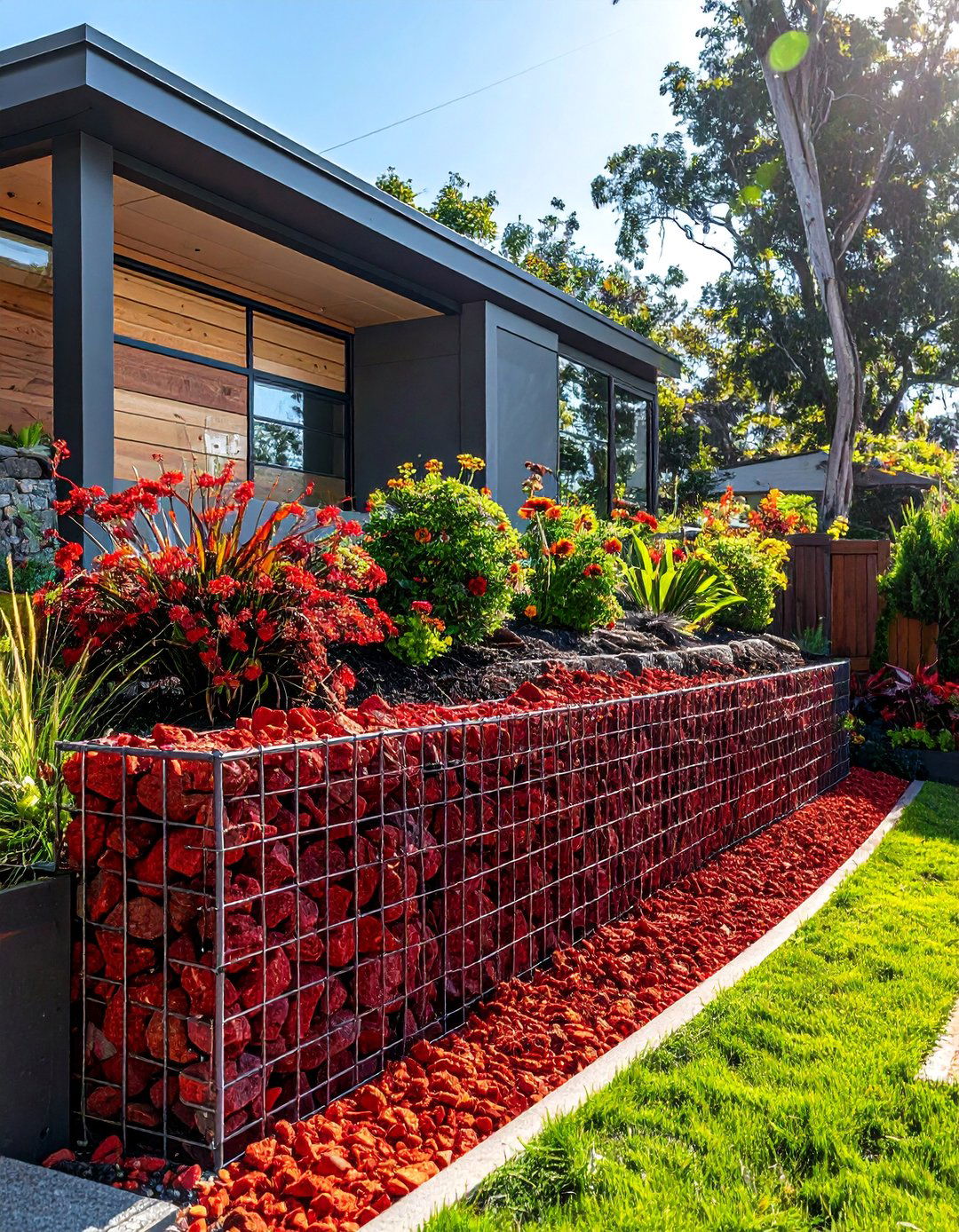 Filling Gabion Walls with Red Lava Rock - 20 Red Lava Rock Landscaping Ideas for Bold Gardens