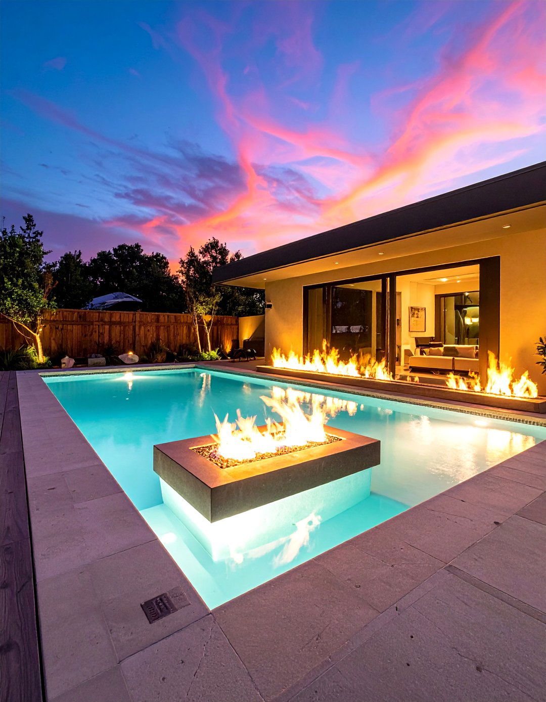 Fire and Water Feature Combination - 20 Rectangle Pool With Hot Tub Designs for Backyards