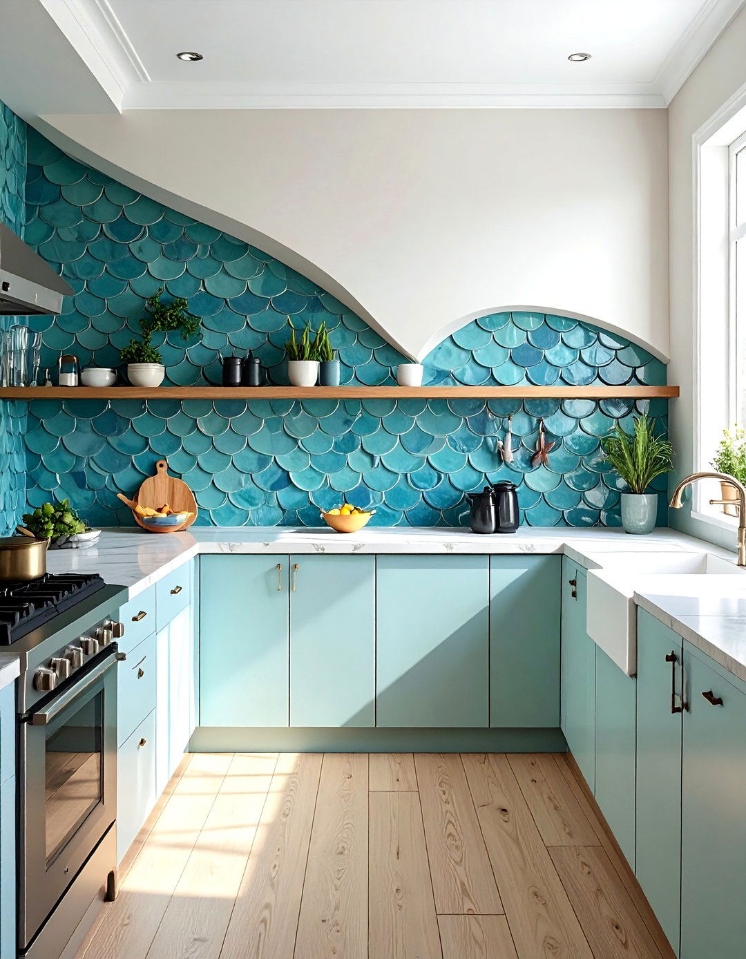 Fish Scale Ceramic Tiles - 40 Kitchen Backsplash Ideas for White Cabinets