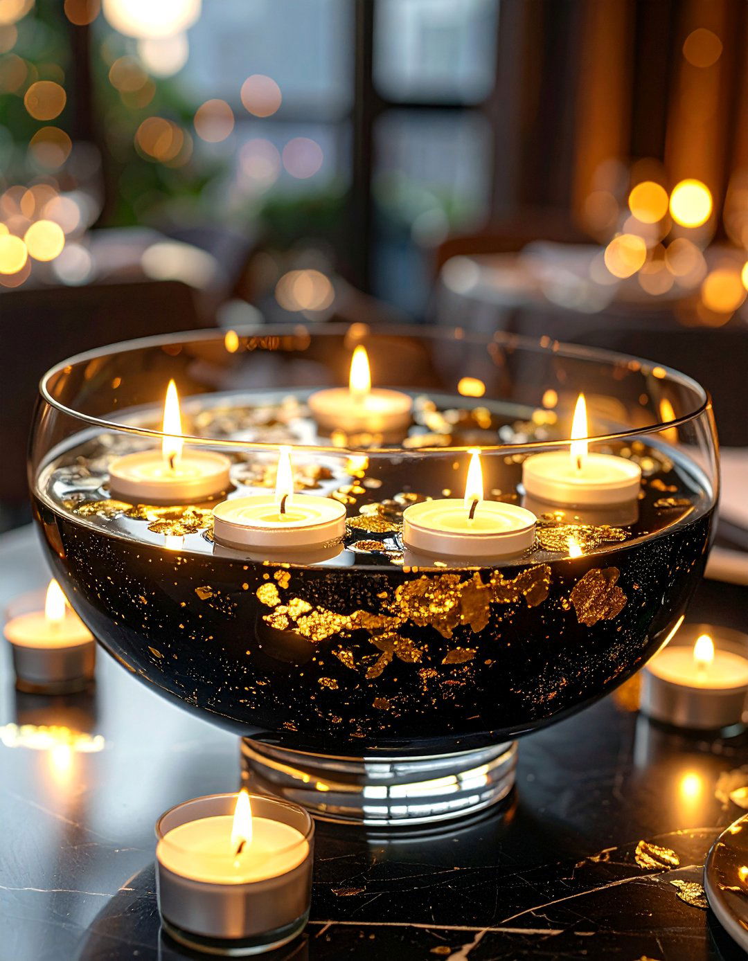 Floating Candles in Black Water with Gold Flakes Centerpiece - 20 Black and Gold Centerpiece Ideas for Elegant Tables