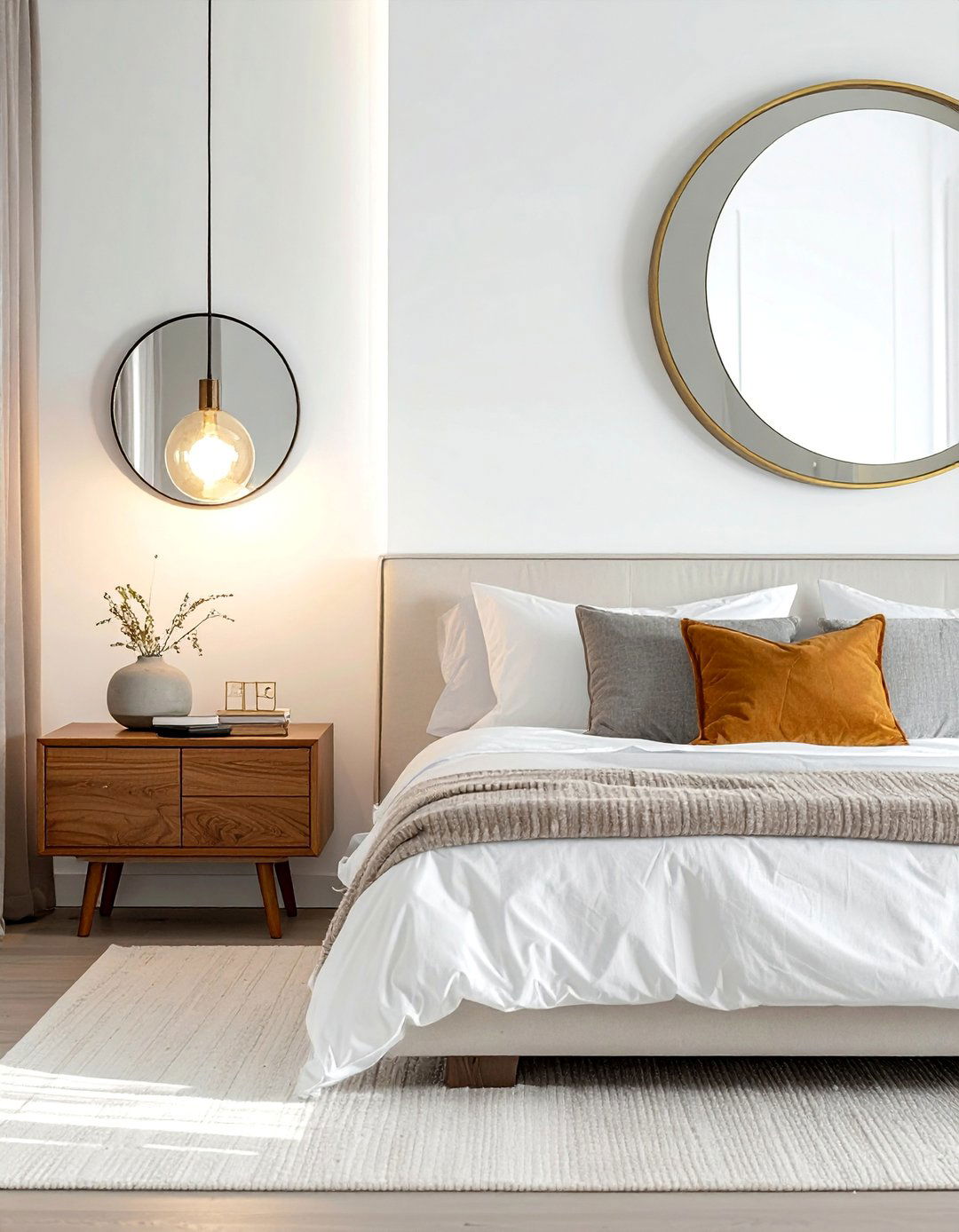 Floating Round Mirrors Above Nightstands - 15 Stunning Bedroom Mirror Ideas for a Cozy Space