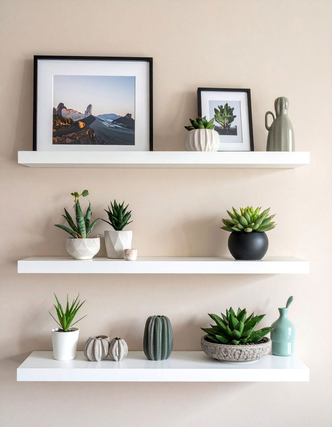 Floating Shelves Photo Wall - 40 Photo Wall Ideas to Personalize Your Living Space