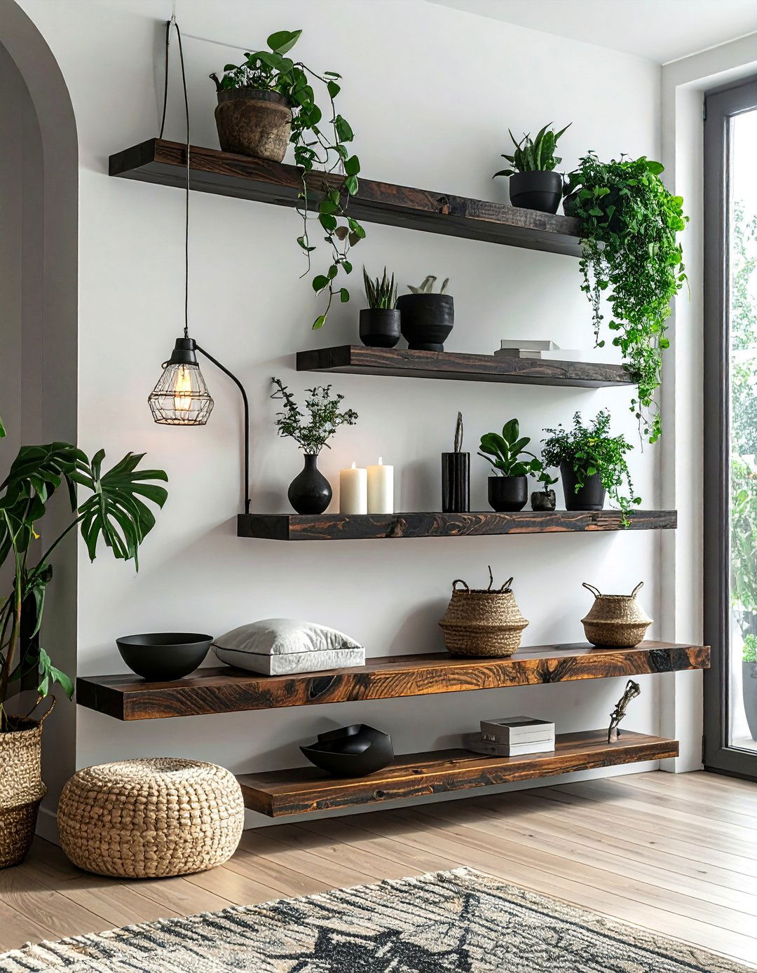 Floating Shelves with Curated Decor - 20 Black and White Boho Living Room Ideas for a Cozy Vibe