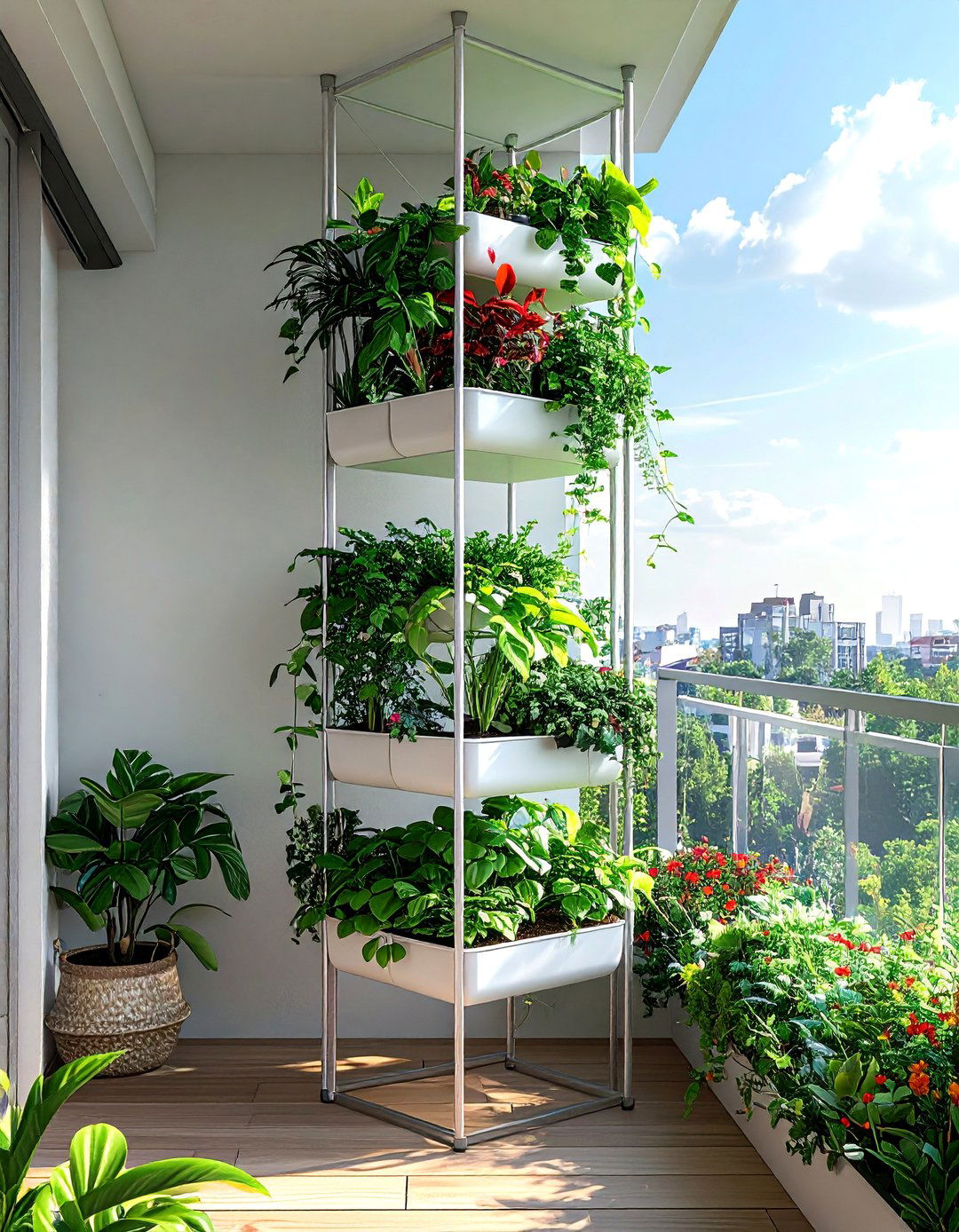Floor to Ceiling Tension Rod Plant Stand - 40 Creative Balcony Garden Ideas for Small Spaces