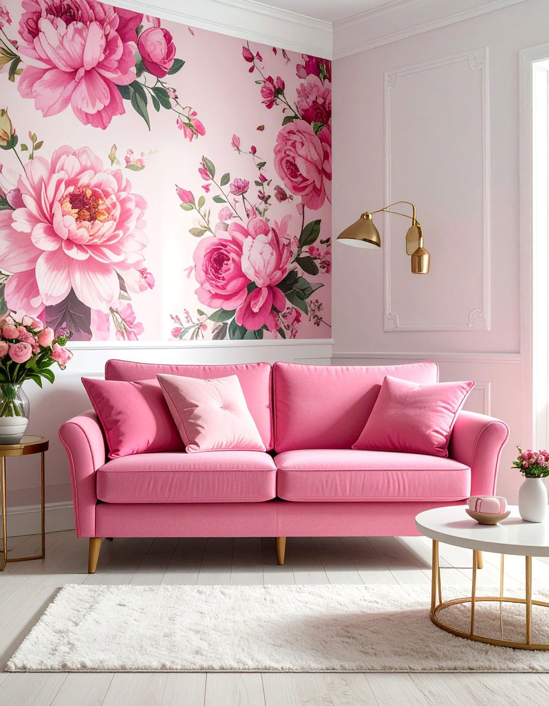 Floral Wallpaper and a Pink Couch - 20 Pink Couch Living Room Ideas for a Bold Look