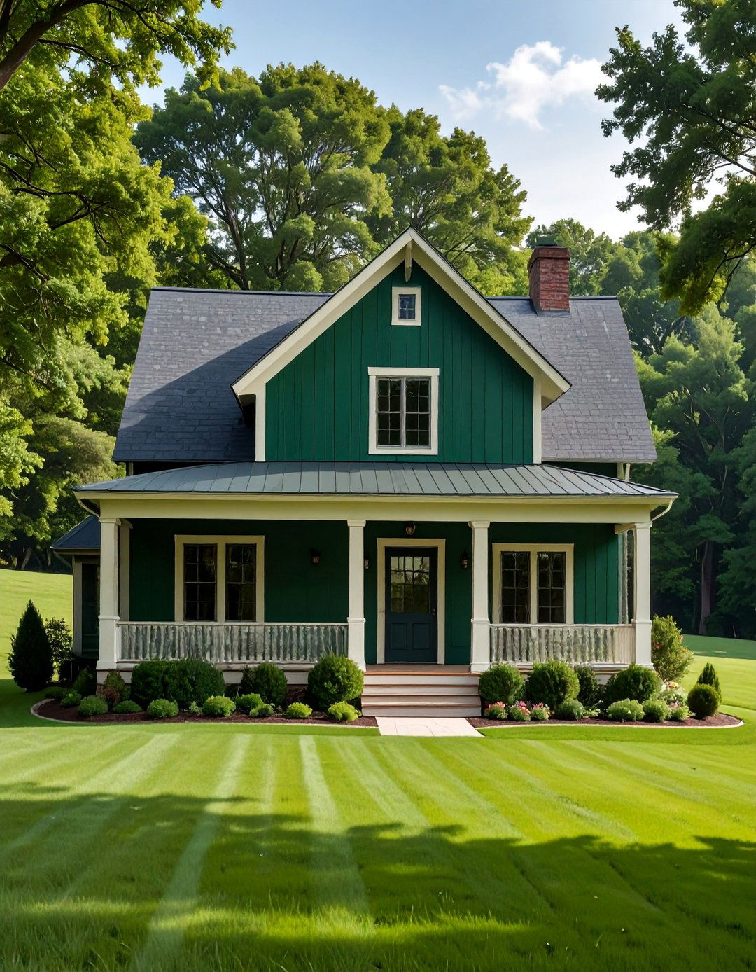 Forest Green Farmhouse with Cream Trim - 25 Farmhouse Green Exterior Home Ideas for Curb Appeal
