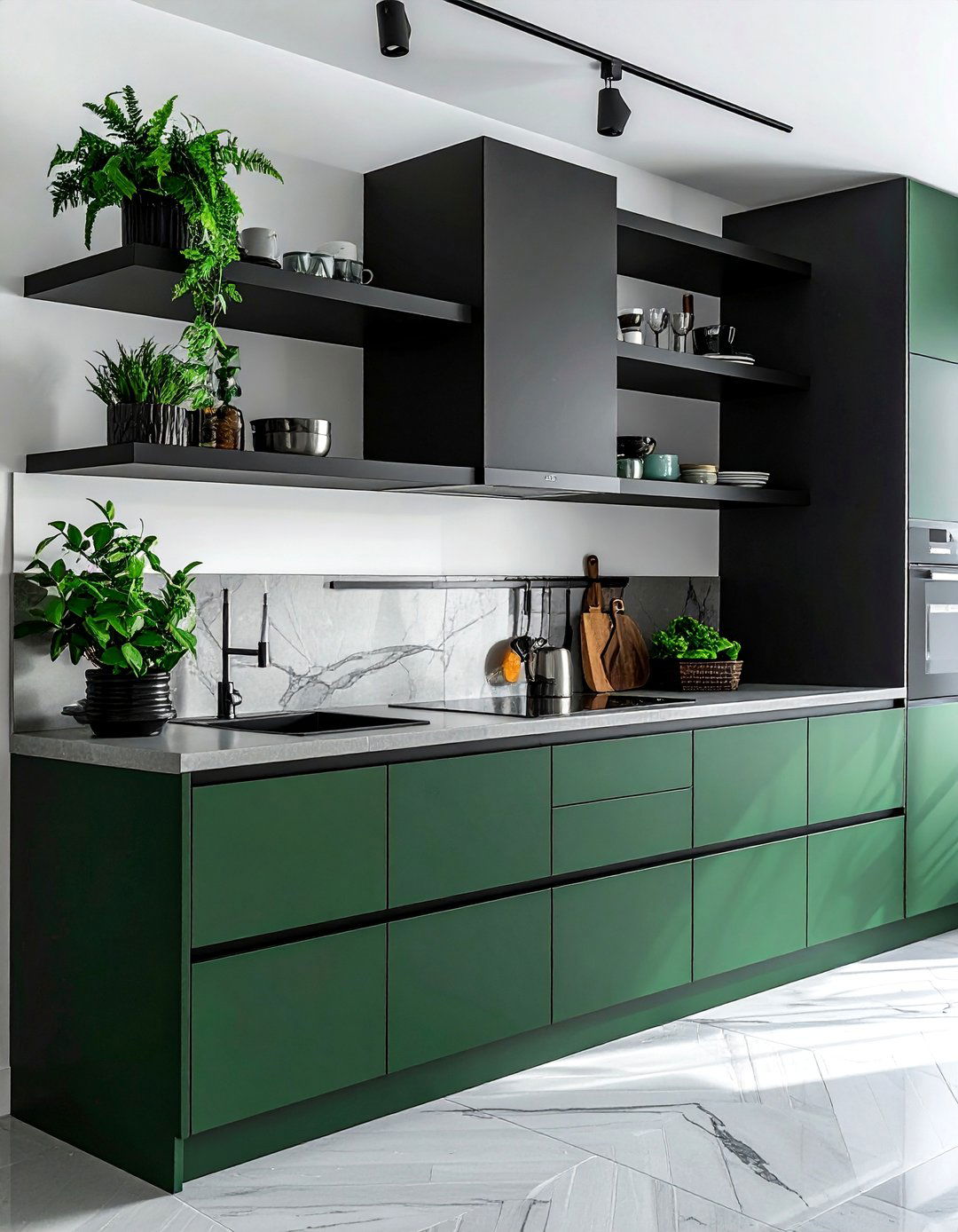 Forest Green Lower Cabinets with Black Floating Shelves - 30 Black and Green Kitchen Ideas for a Modern Twist