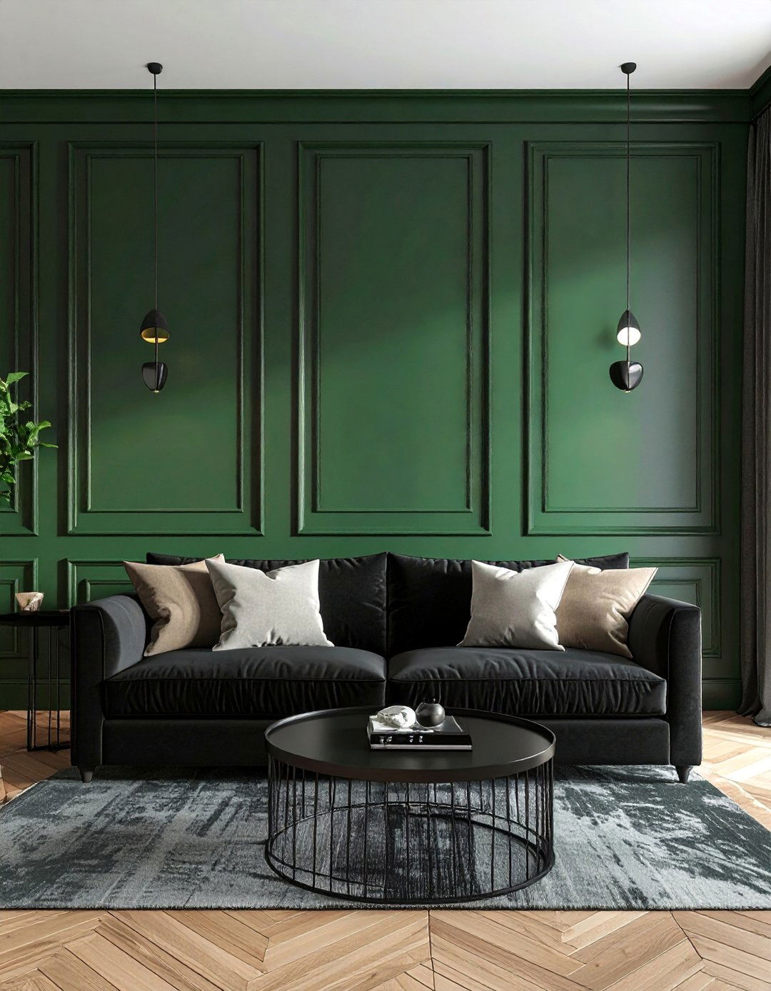 Forest Green Wall Paneling in a Black Room - 30 Black and Green Living Room Ideas for a Luxe Feel