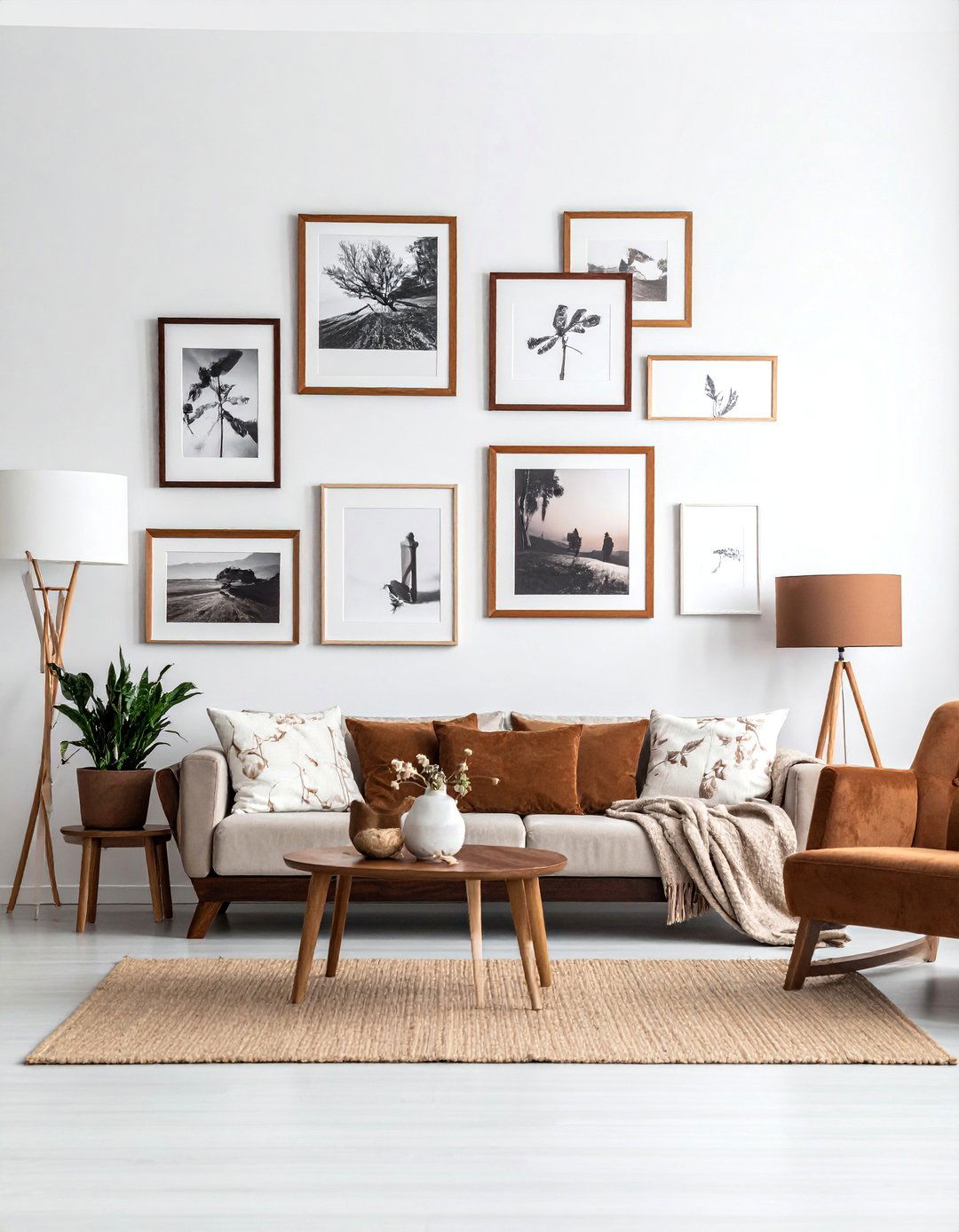 Gallery Wall with Brown Frames on a White Wall - 30 Brown and White Living Room Ideas for a Warm Look