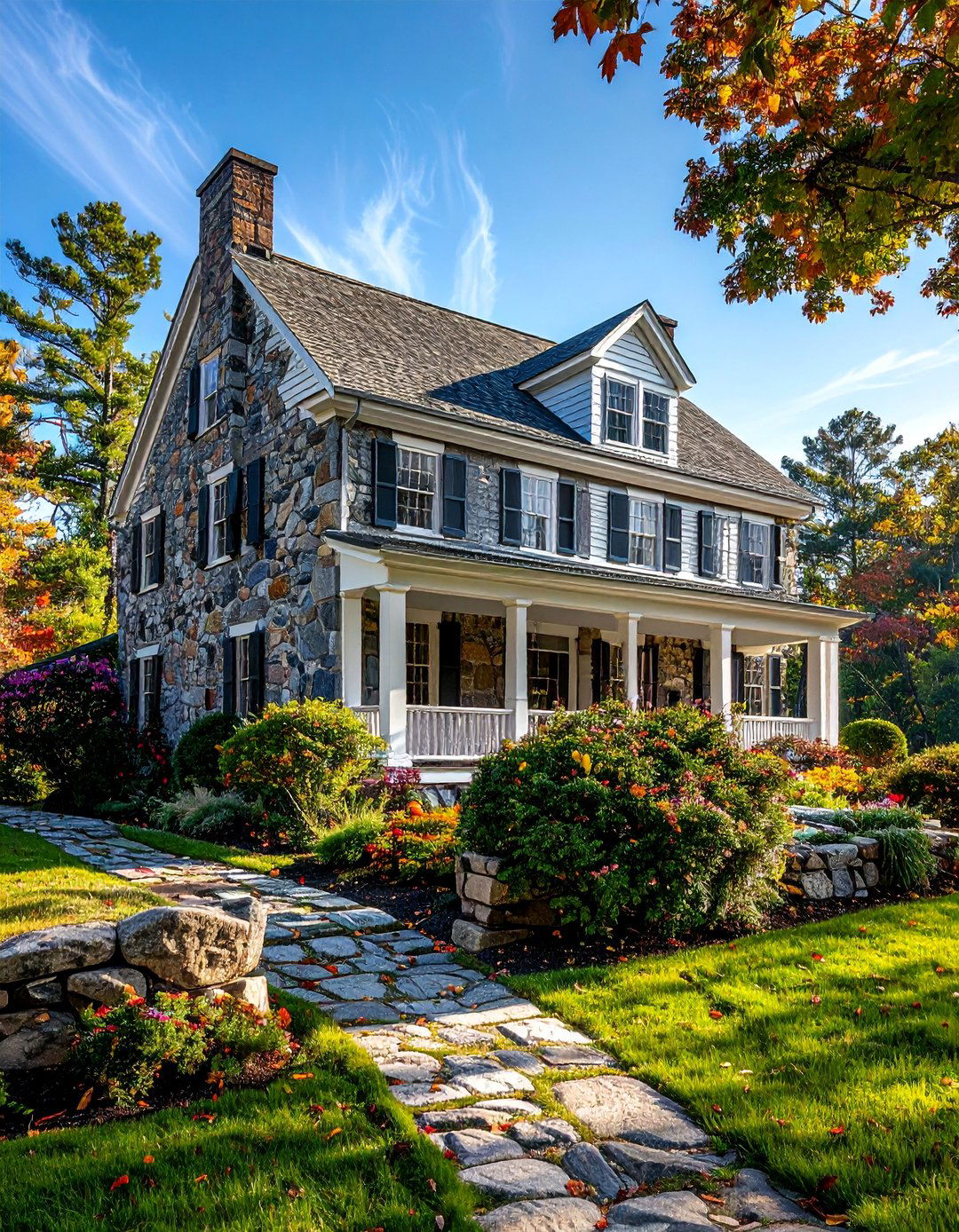 Garrison Style Home with Stone First Floor - 30 Stunning Stone Exterior Home Ideas for Curb Appeal