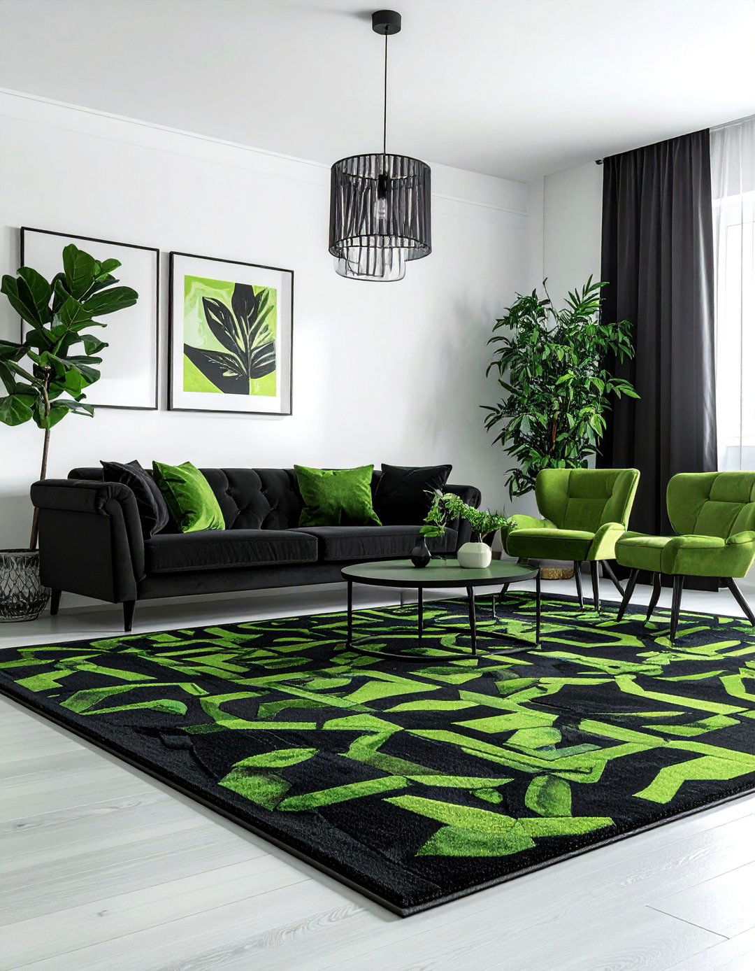 Geometric Black and Green Area Rug - 30 Black and Green Living Room Ideas for a Luxe Feel