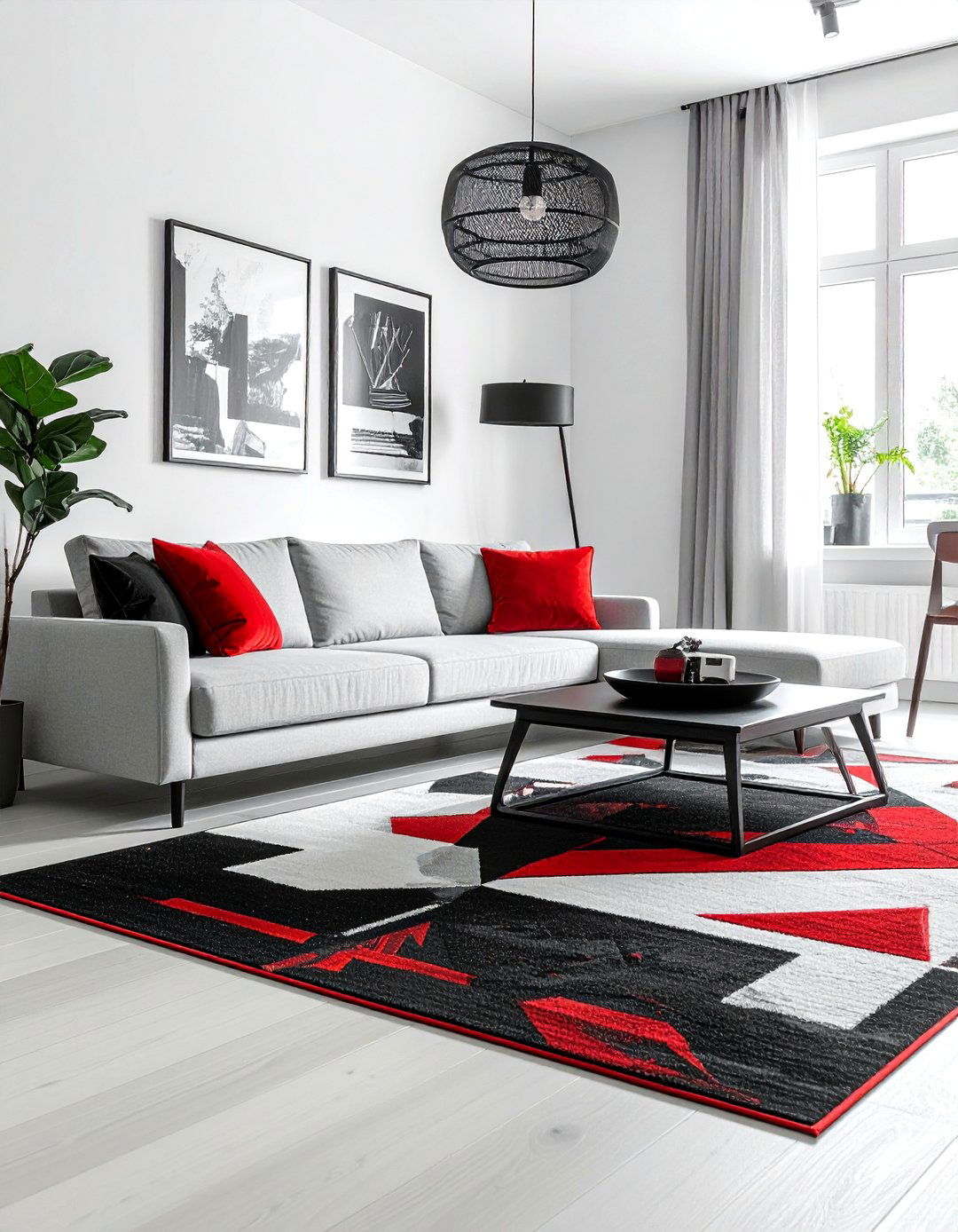 Geometric Black and Red Area Rug - 25 Black and Red Living Room Ideas for Bold Interiors