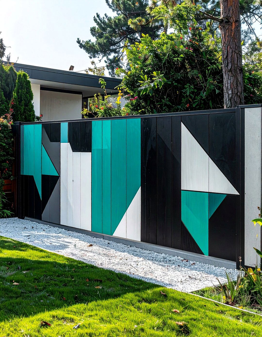 Geometric Block Fence Painting - 20 Fence Painting Ideas to Transform Your Outdoor Space