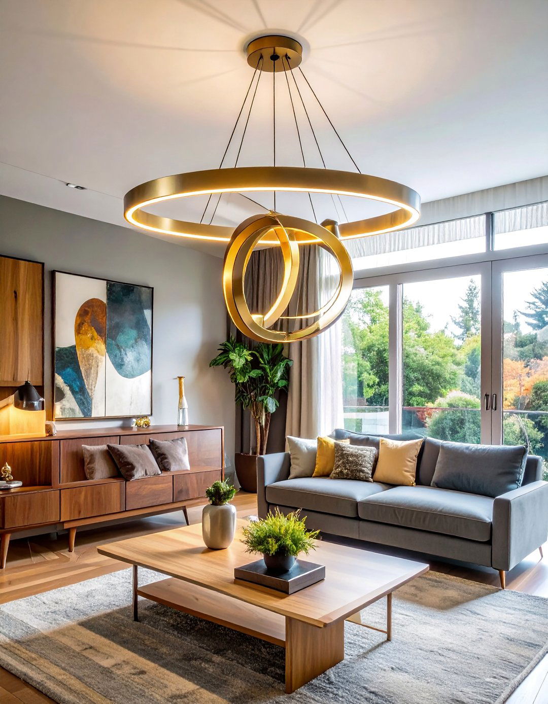 Geometric Brass Ring Chandelier - 30 Living Room Chandelier Ideas for Elegant Spaces