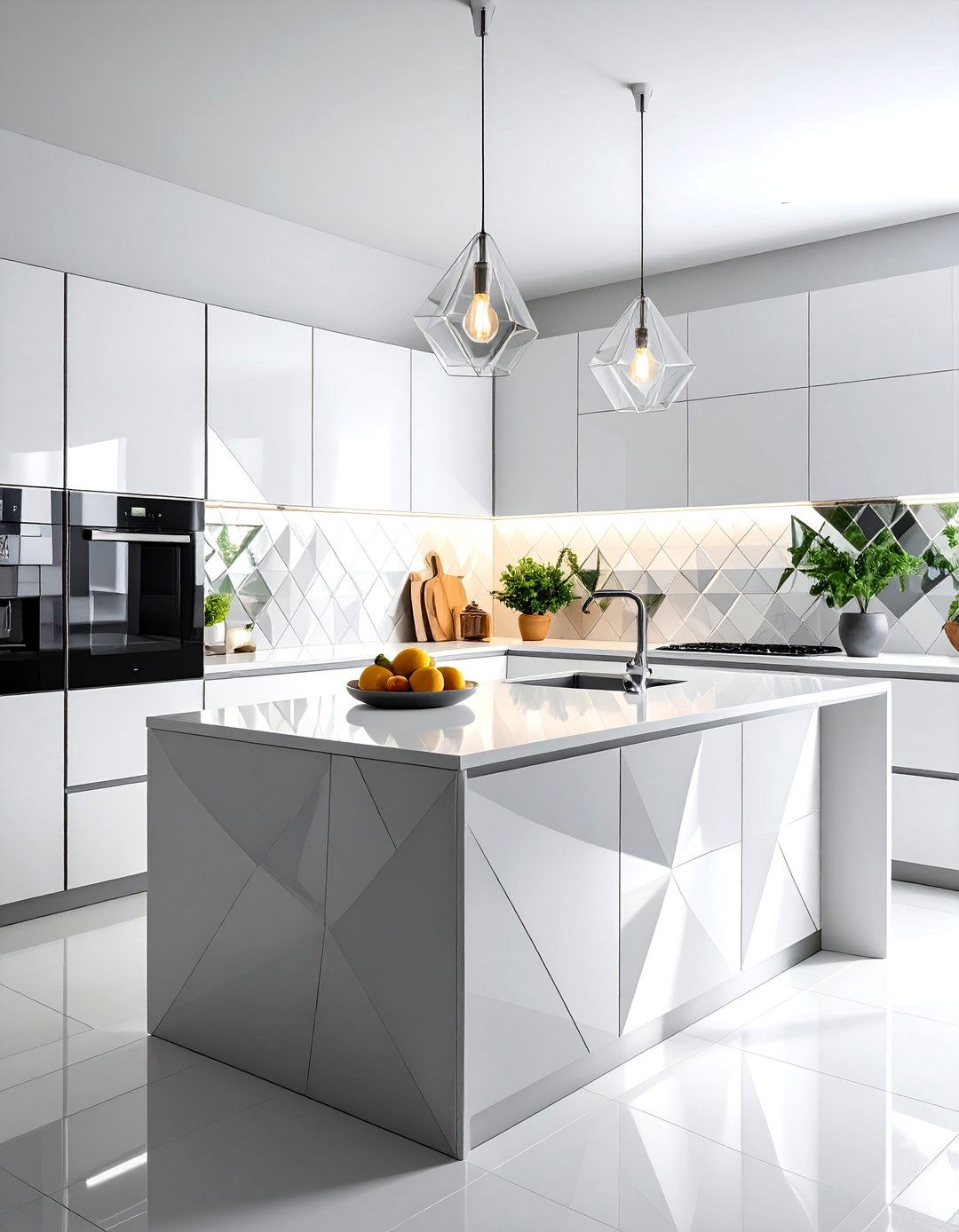 Geometric Diamond Mirror Pattern - 30 Mirrored Backsplash Kitchen Ideas for a Sleek Look