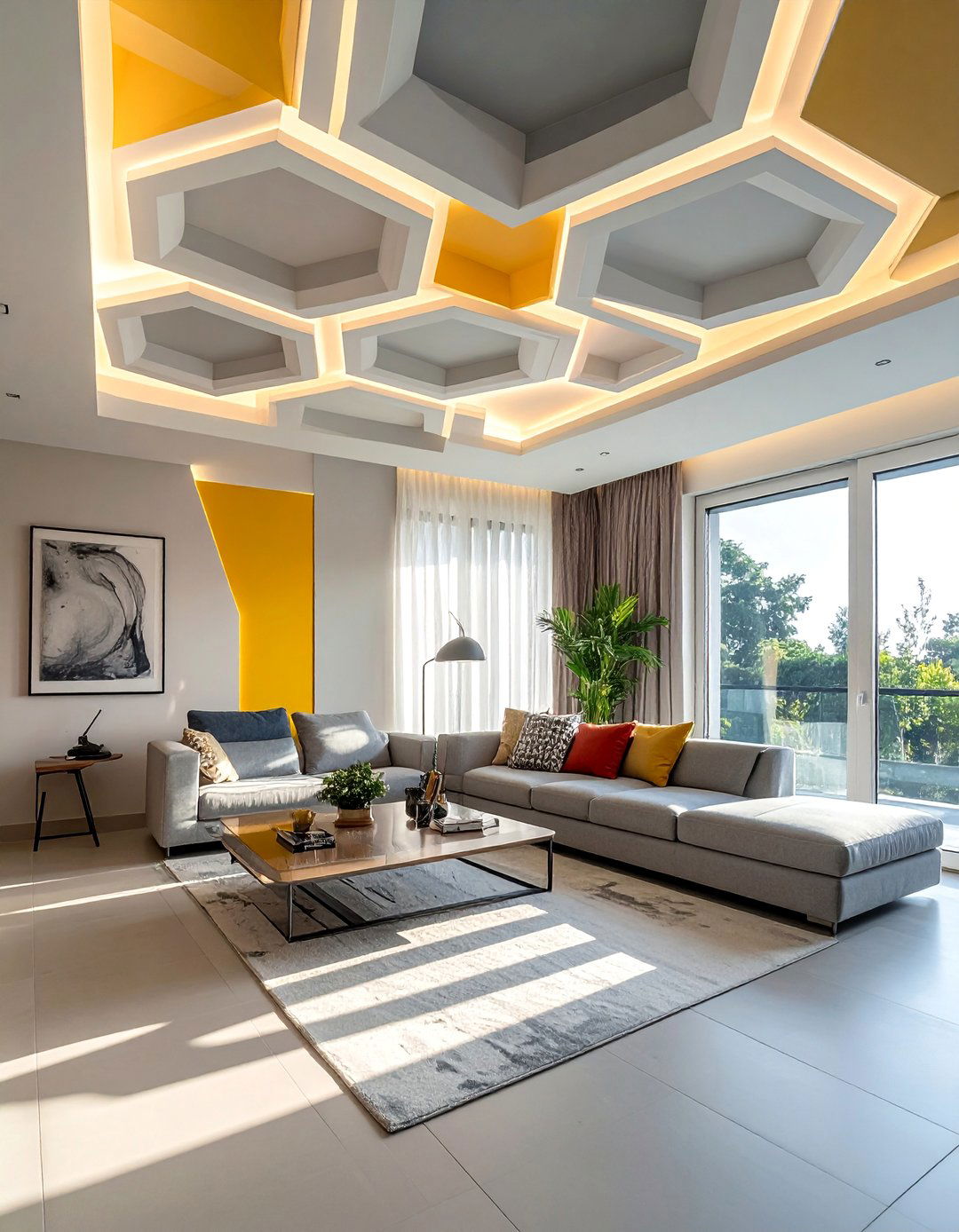 Geometric POP Ceiling with Integrated Patterns - 20 Living Room False Ceiling Design Ideas for Elegance