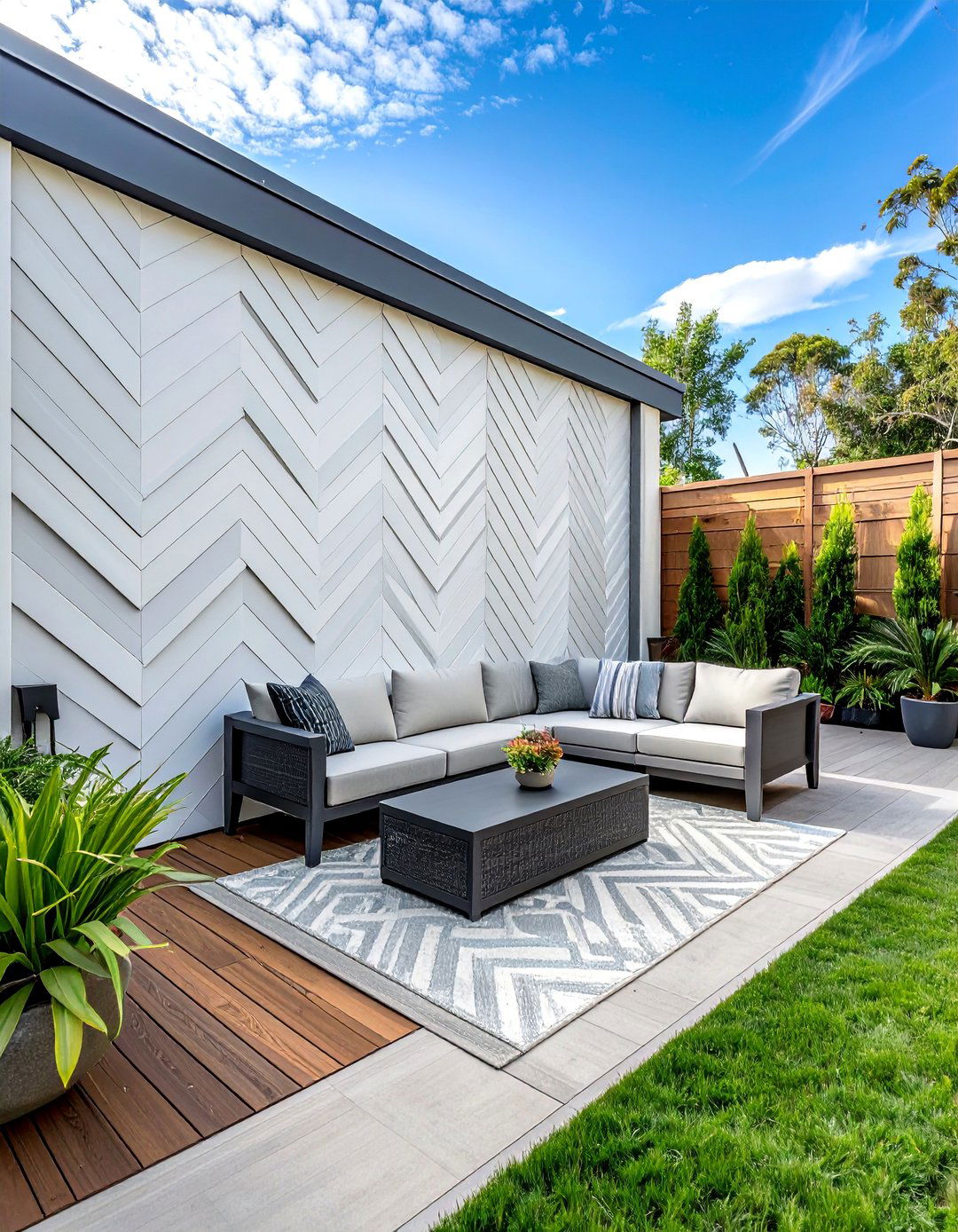Geometric Pattern Deck With Privacy Wall - 20 Deck With Privacy Wall Ideas for Secluded Outdoor Living