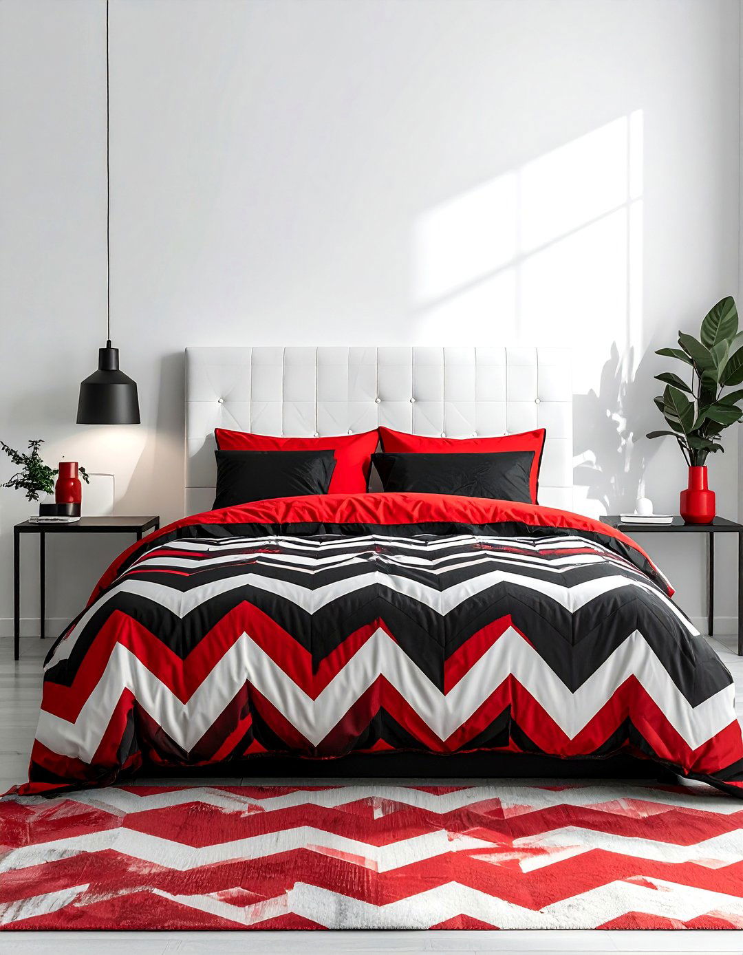 Geometric Red Black and White Bedding - 25 Red, Black, and White Bedroom Ideas for Bold Style