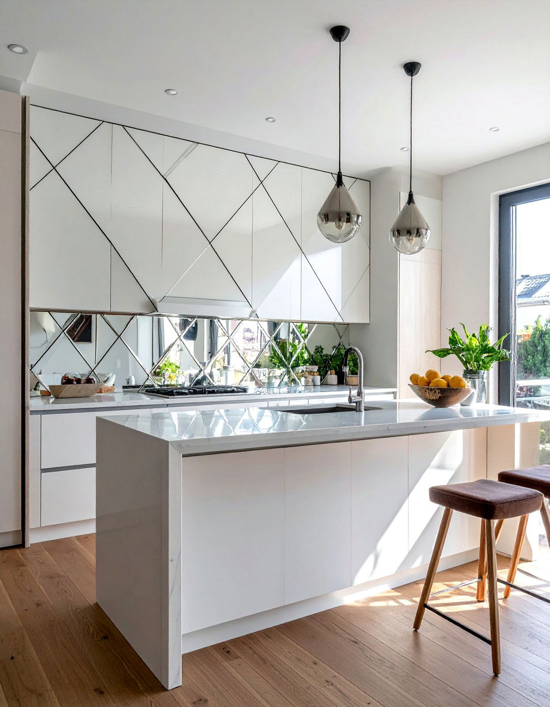 Geometric Triangle Mirror Layout - 30 Mirrored Backsplash Kitchen Ideas for a Sleek Look