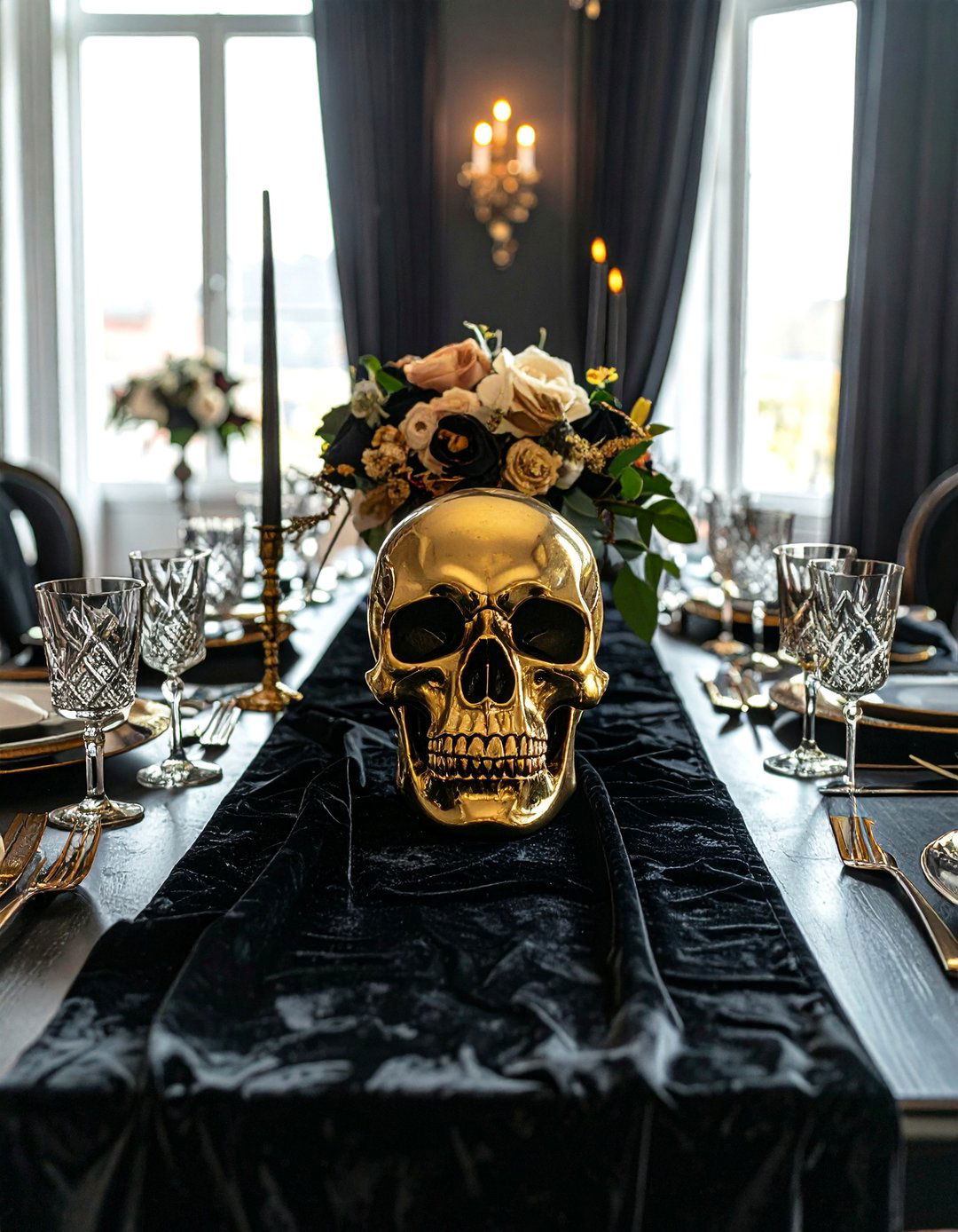 Gilded Skulls on Black Velvet Runner Centerpiece - 20 Black and Gold Centerpiece Ideas for Elegant Tables