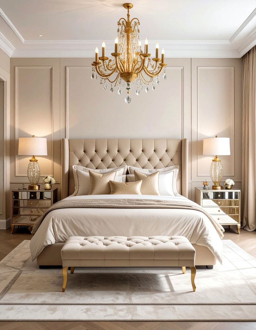 Glamorous Beige Bedroom with Metallic Accents - 30 Beige Bedroom Ideas for a Serene Retreat