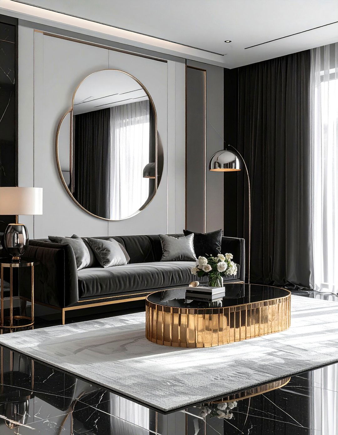 Glamorous Black and White Living Room with Metallic Accents - 30 Black and White Living Room Ideas for Timeless Style
