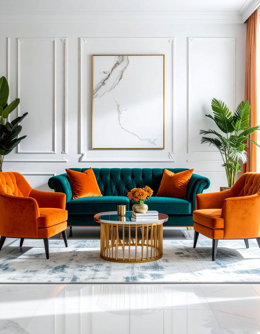 Glamorous Living Room with Velvet and Gold - 20 Teal and Orange Color Scheme Ideas for Your Rooms
