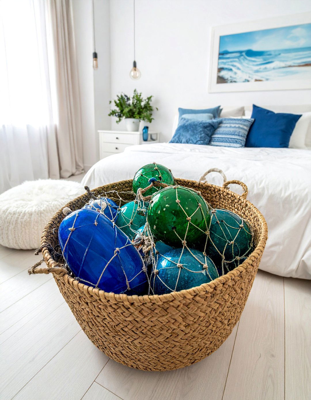 Glass Float Rope Netting Decor in an Ocean themed Bedroom - 40 Ocean-themed Bedroom Ideas for a Serene Retreat