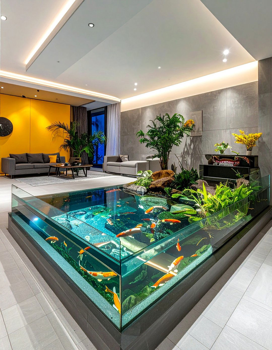 Glass Panel Viewing Koi Pond - 20 Indoor Koi Pond Ideas for a Tranquil Home Environment