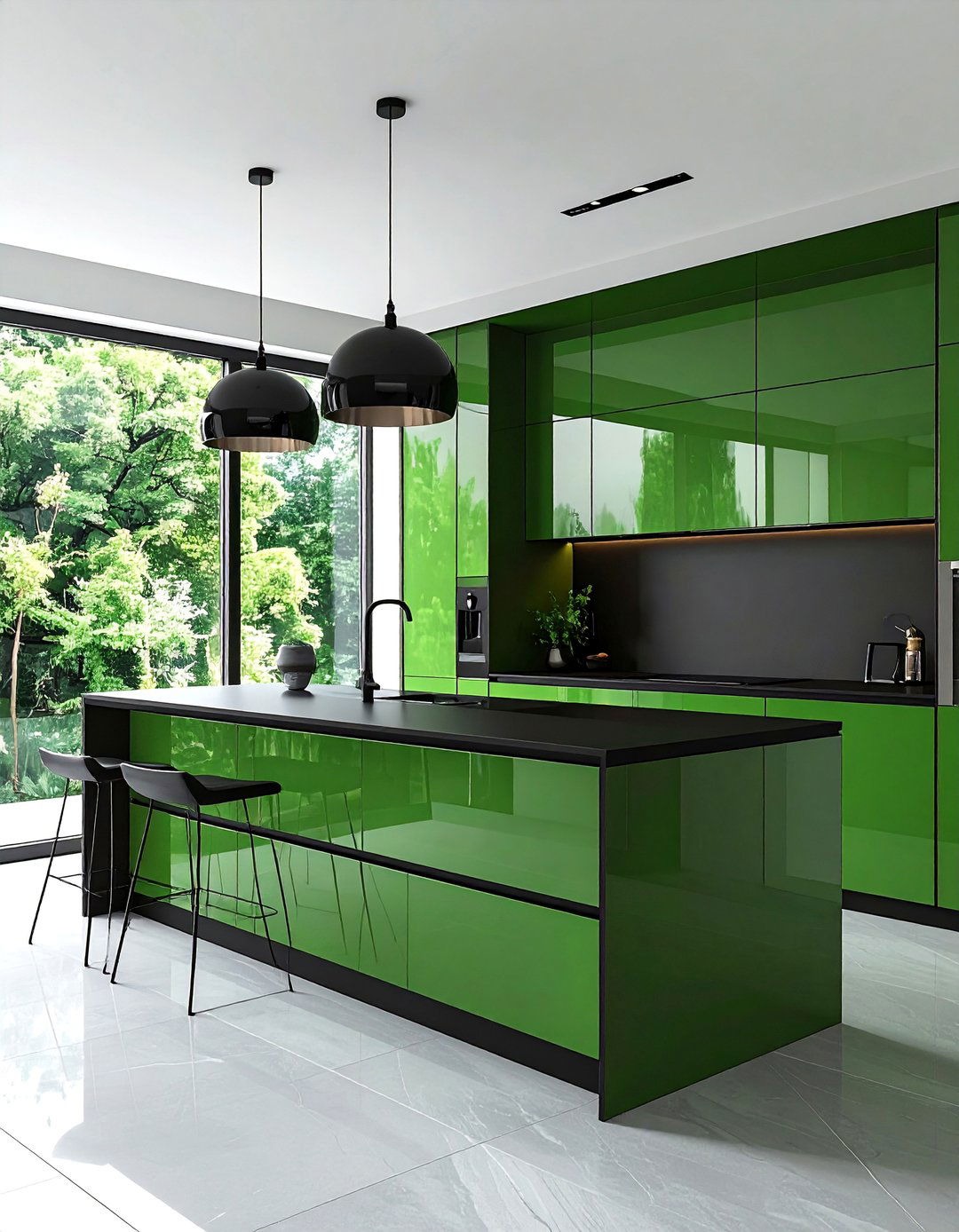 Glossy Green Lacquer Cabinets and Black Hardware - 30 Black and Green Kitchen Ideas for a Modern Twist