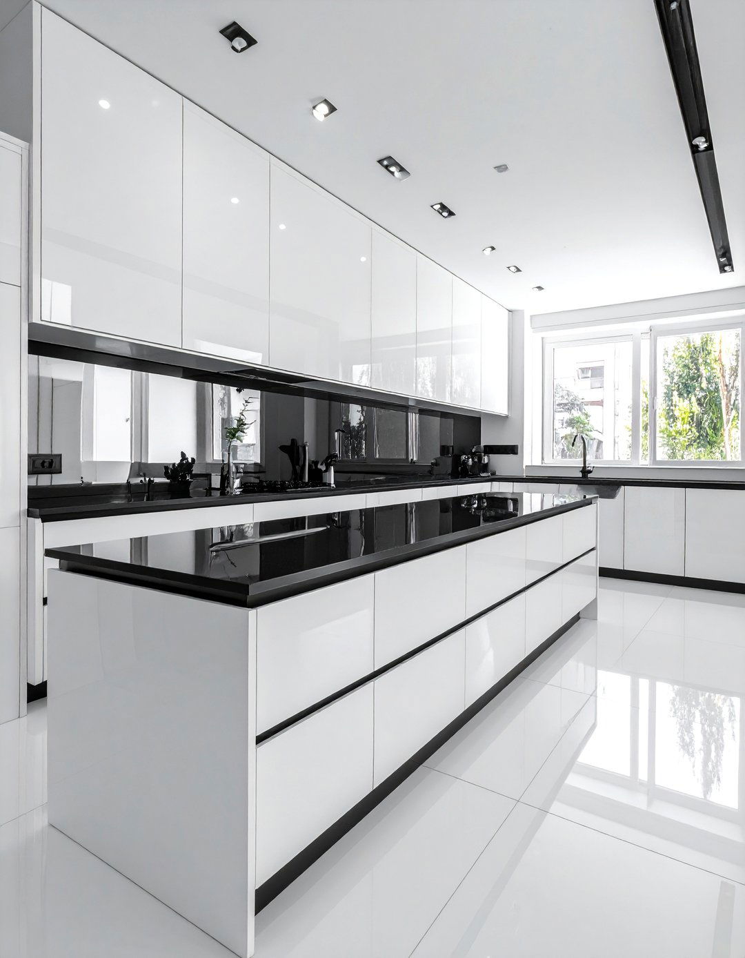 Glossy White Cabinets with a Polished Black Countertop - 40 White Kitchen Ideas with Black Countertops