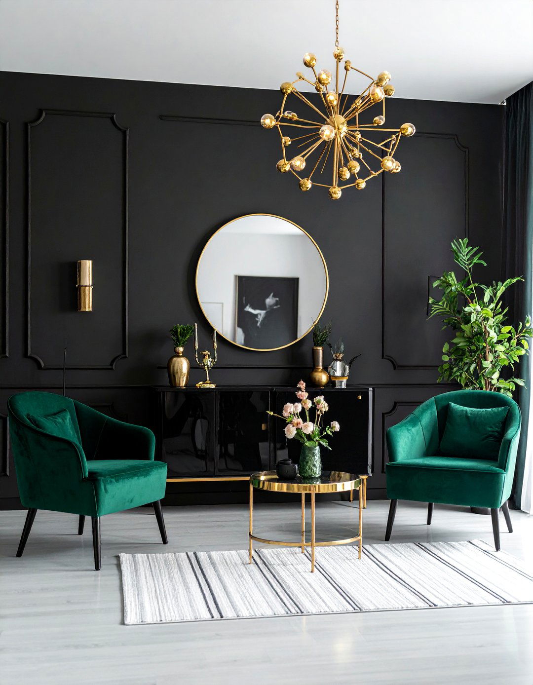 Gold Accents to Bridge Black and Green Elements - 30 Black and Green Living Room Ideas for a Luxe Feel