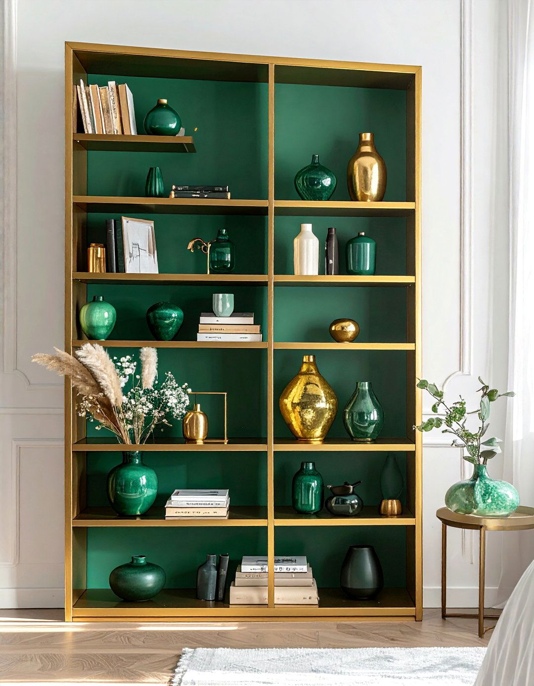 Gold Bookshelves with Emerald Green Decor - 20 Emerald Green and Gold Bedroom Ideas for a Luxe Look
