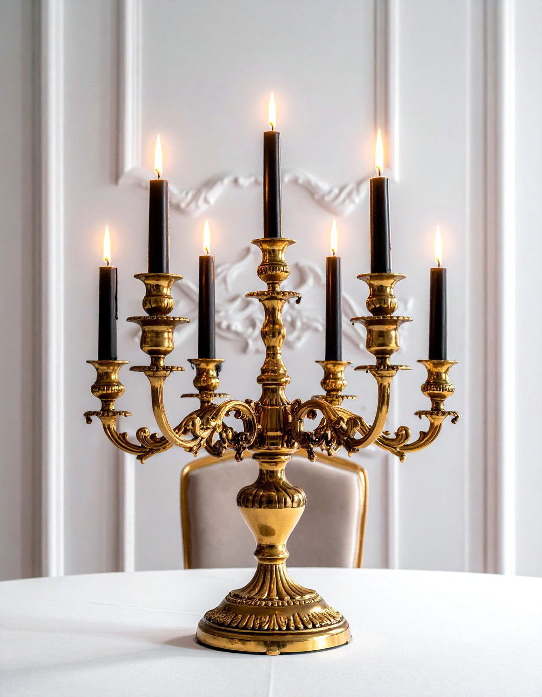 Gold Candelabra with Black Taper Candles Centerpiece - 20 Black and Gold Centerpiece Ideas for Elegant Tables