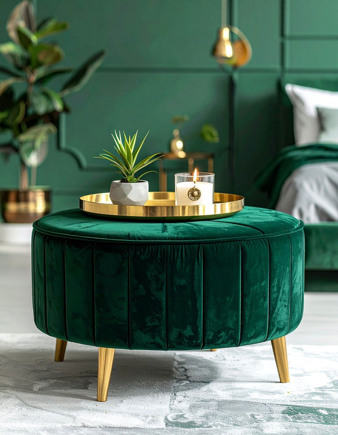 Gold Decorative Tray on an Emerald Ottoman - 20 Emerald Green and Gold Bedroom Ideas for a Luxe Look