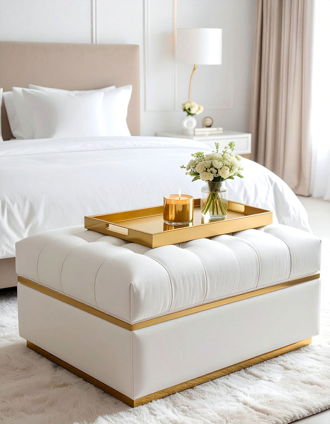 Gold Decorative Trays on a White Ottoman - 25 White and Gold Bedroom Ideas for a Luxurious Look