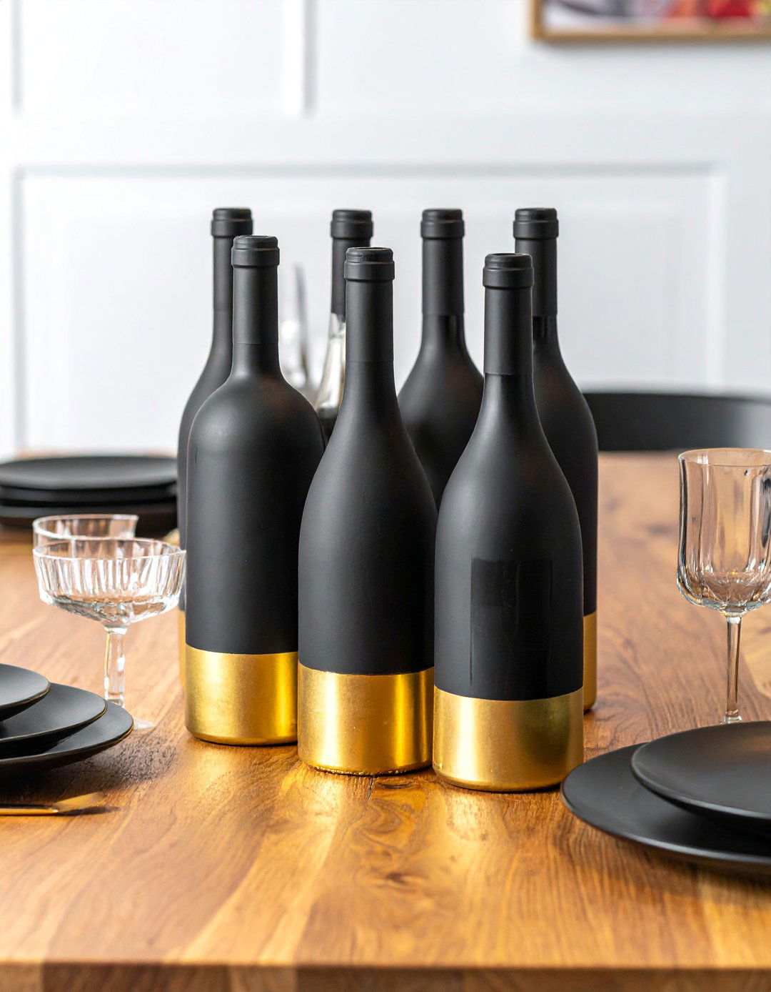 Gold Dipped Black Bottles Centerpiece - 20 Black and Gold Centerpiece Ideas for Elegant Tables