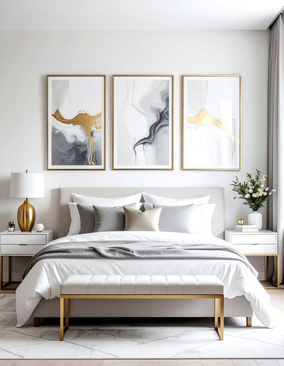 Gold Framed Abstract Wall Art - 25 White and Gold Bedroom Ideas for a Luxurious Look