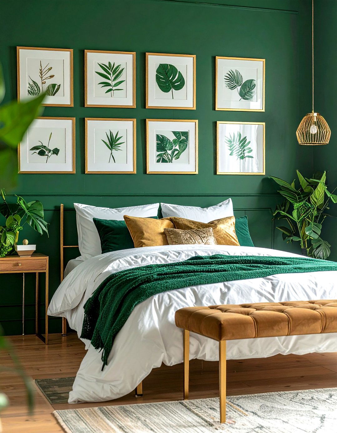 Gold Framed Art on Emerald Green Walls - 20 Emerald Green and Gold Bedroom Ideas for a Luxe Look