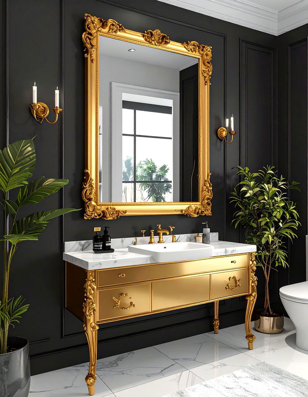 Gold Framed Mirrors on a Black Wall - 20 Black and Gold Bathroom Ideas for a Luxurious Feel